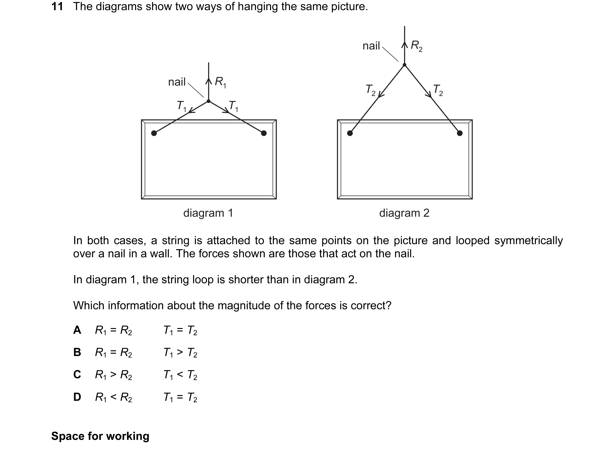 Question 42: The diagrams show two ways of hanging the same picture. nail R2 nail R1 T2 T2 T1 T1 diagram 1 diagram 2 In both cases, a string is attached…