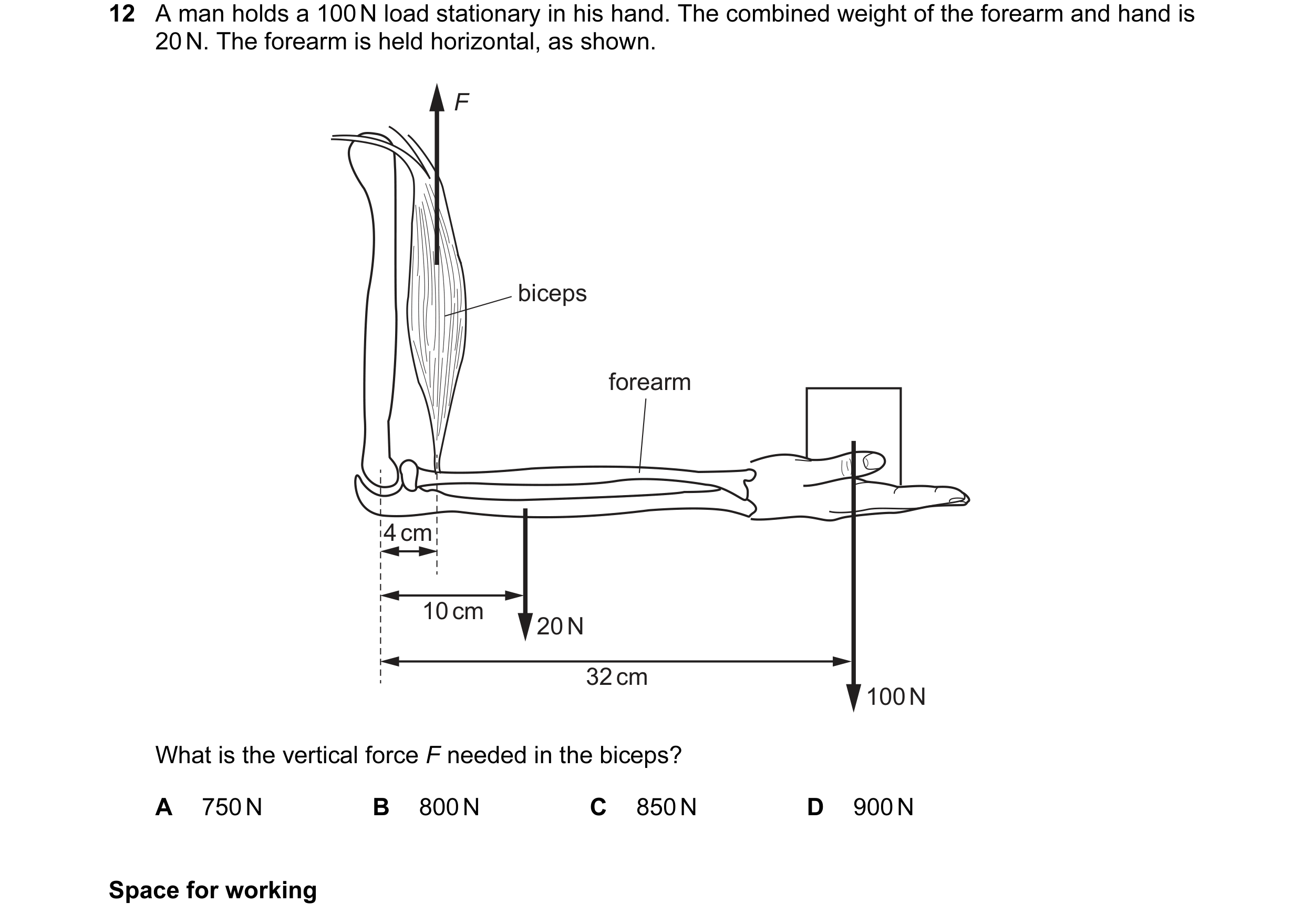 Question 40: A man holds a 100 N load stationary in his hand. The combined weight of the forearm and hand is 20 N. The forearm is held horizontal, as sh…