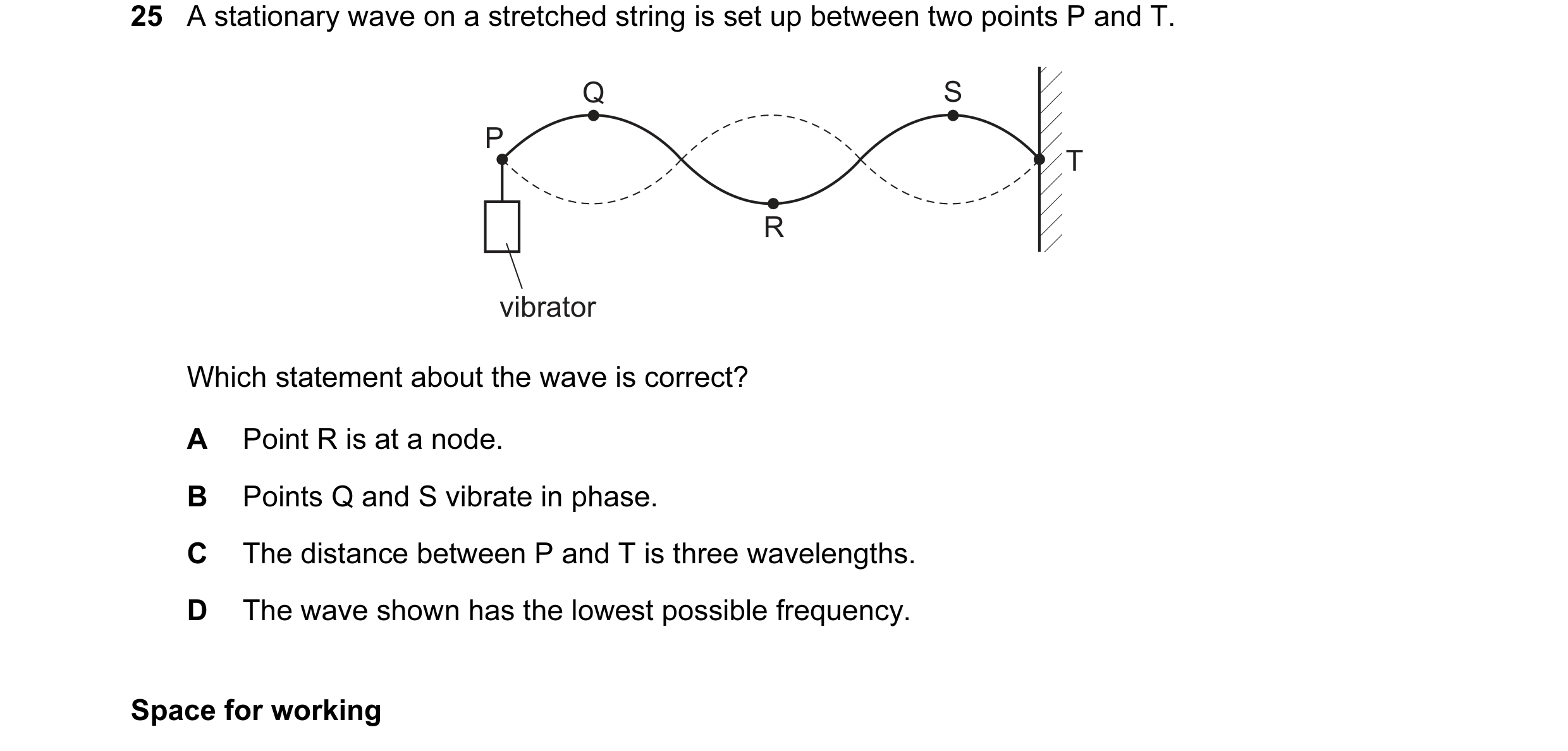 Question 36: A stationary wave on a stretched string is set up between two points P and T. Q S P T R vibrator Which statement about the wave is correct?…