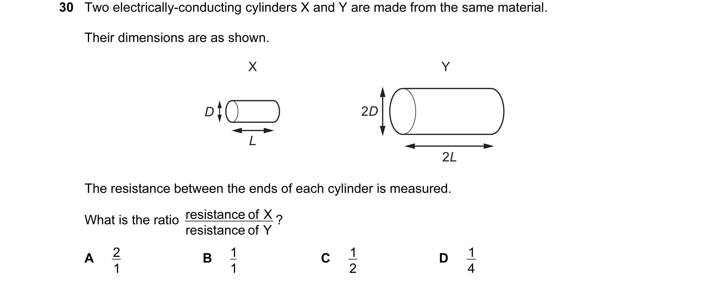 Question 53: Two electrically-conducting cylinders X and Y are made from the same material. Their dimensions are as shown. X Y D 2D L 2L The resistance …
