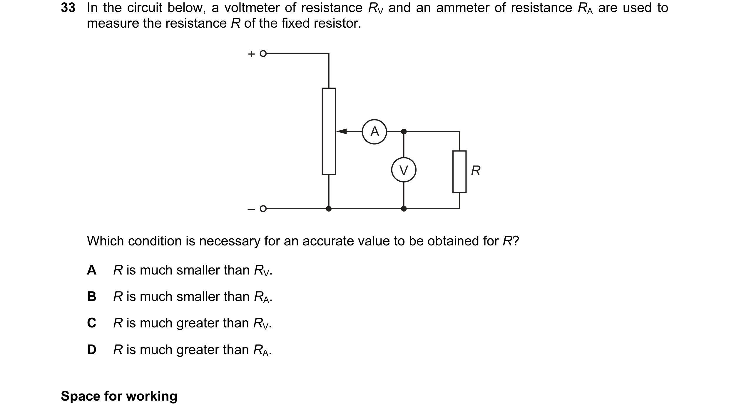 Question 65: In the circuit below, a voltmeter of resistance RV and an ammeter of resistance RA are used to measure the resistance R of the fixed resist…