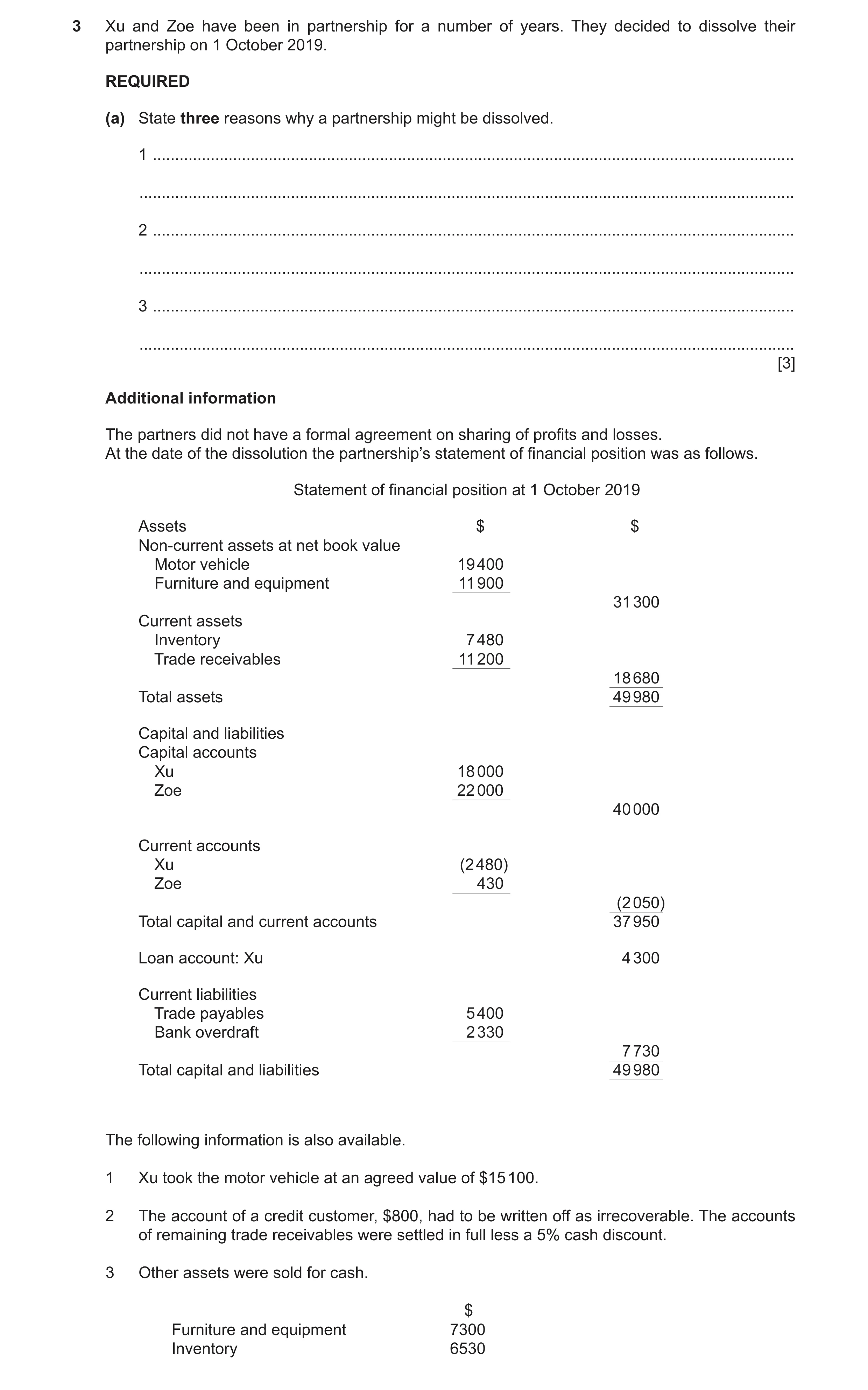 Question 26: Xu and Zoe have been in partnership for a number of years. They decided to dissolve their partnership on 1 October 2019. REQUIRED (a) State…