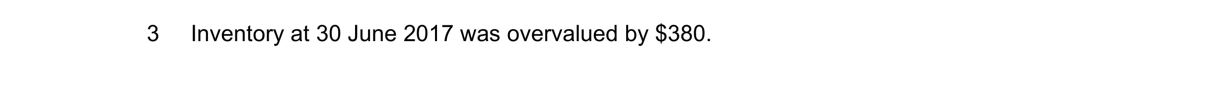 Question 9: Inventory at 30 June 2017 was overvalued by $380.