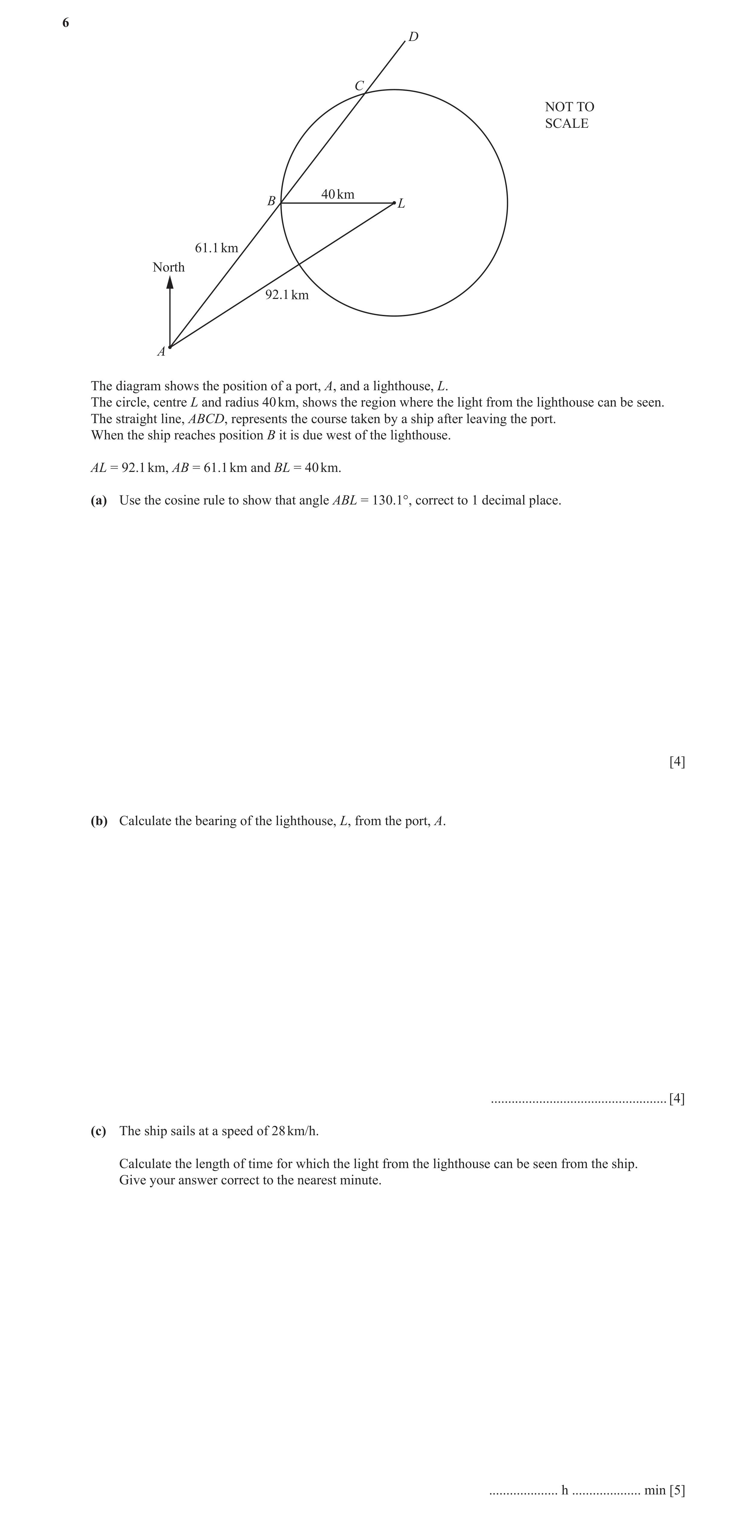 Question 16: D C NOT TO SCALE 40 km B L 61.1 km North 92.1 km A The diagram shows the position of a port, A, and a lighthouse, L. The circle, centre L a…