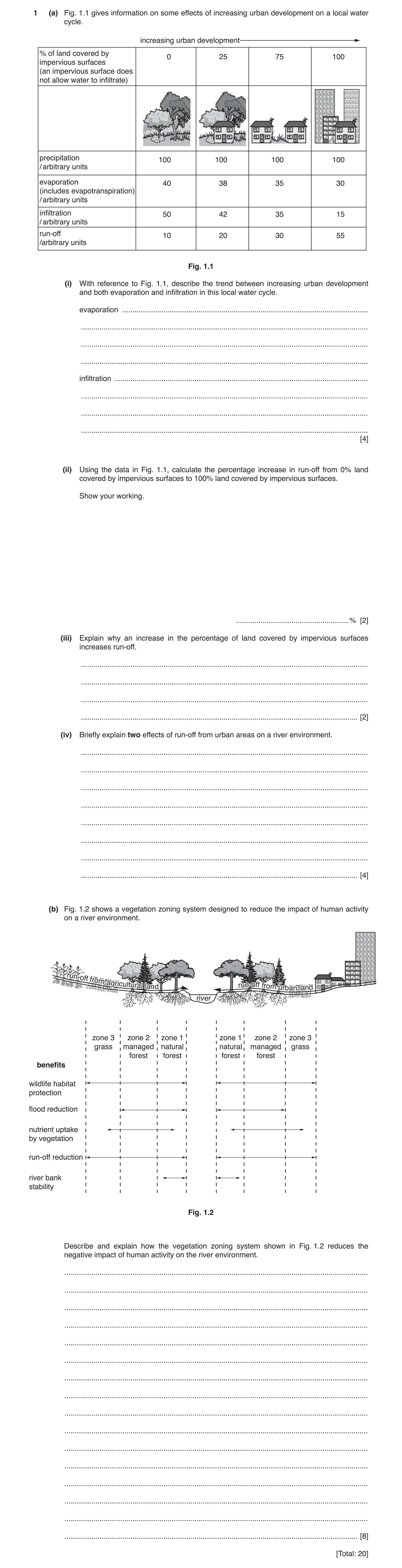 Question 4: (a) Fig. 1.1 gives information on some effects of increasing urban development on a local water cycle. increasing urban development % of la…
