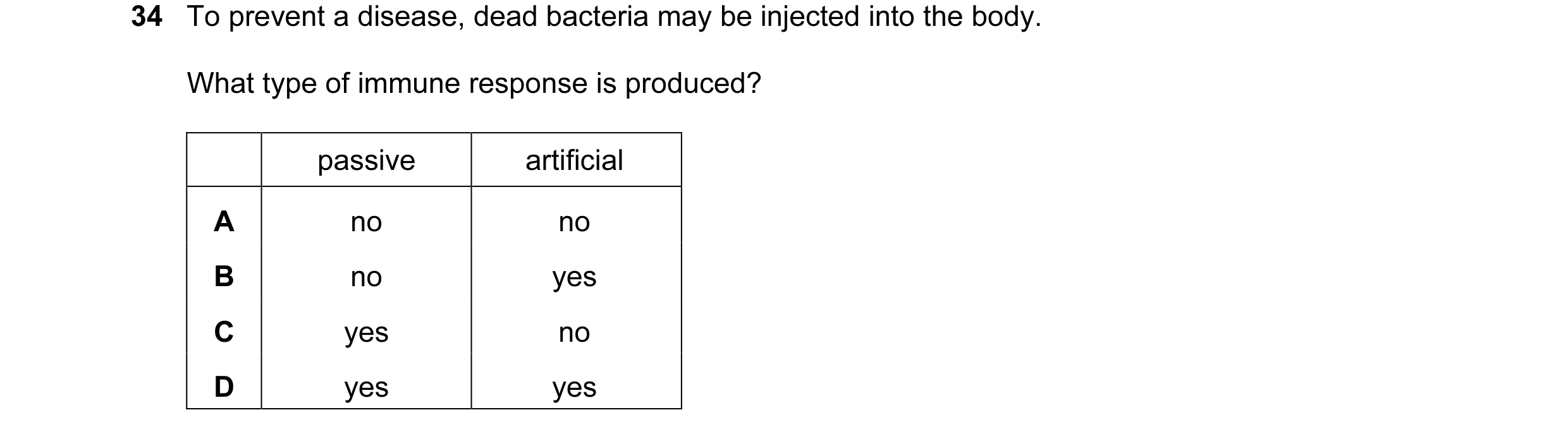 Question 27: To prevent a disease, dead bacteria may be injected into the body. What type of immune response is produced? passive artificial A no no B n…