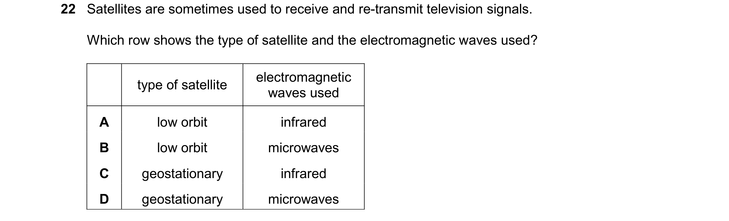 Question 82: Satellites are sometimes used to receive and re-transmit television signals. Which row shows the type of satellite and the electromagnetic …