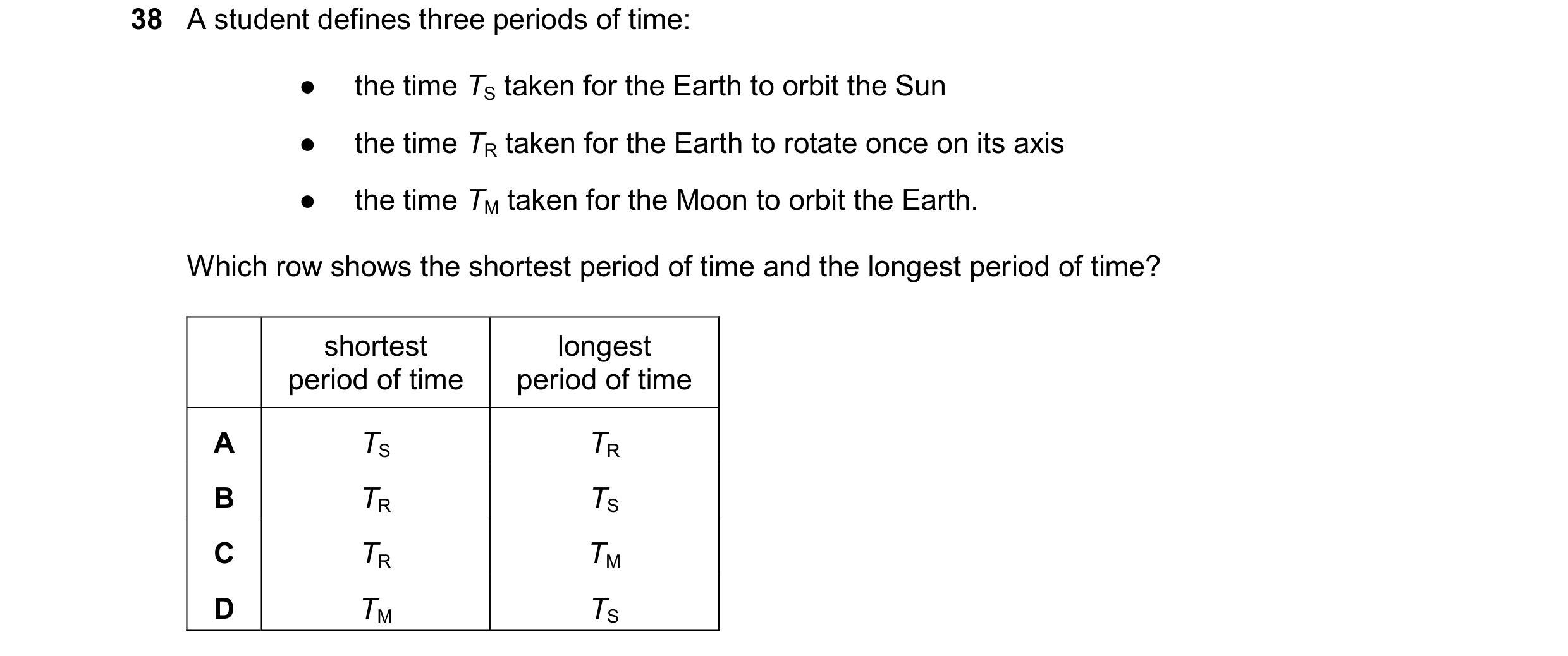 Question 27: A student defines three periods of time: ● the time TS taken for the Earth to orbit the Sun ● the time TR taken for the Earth to rotate onc…