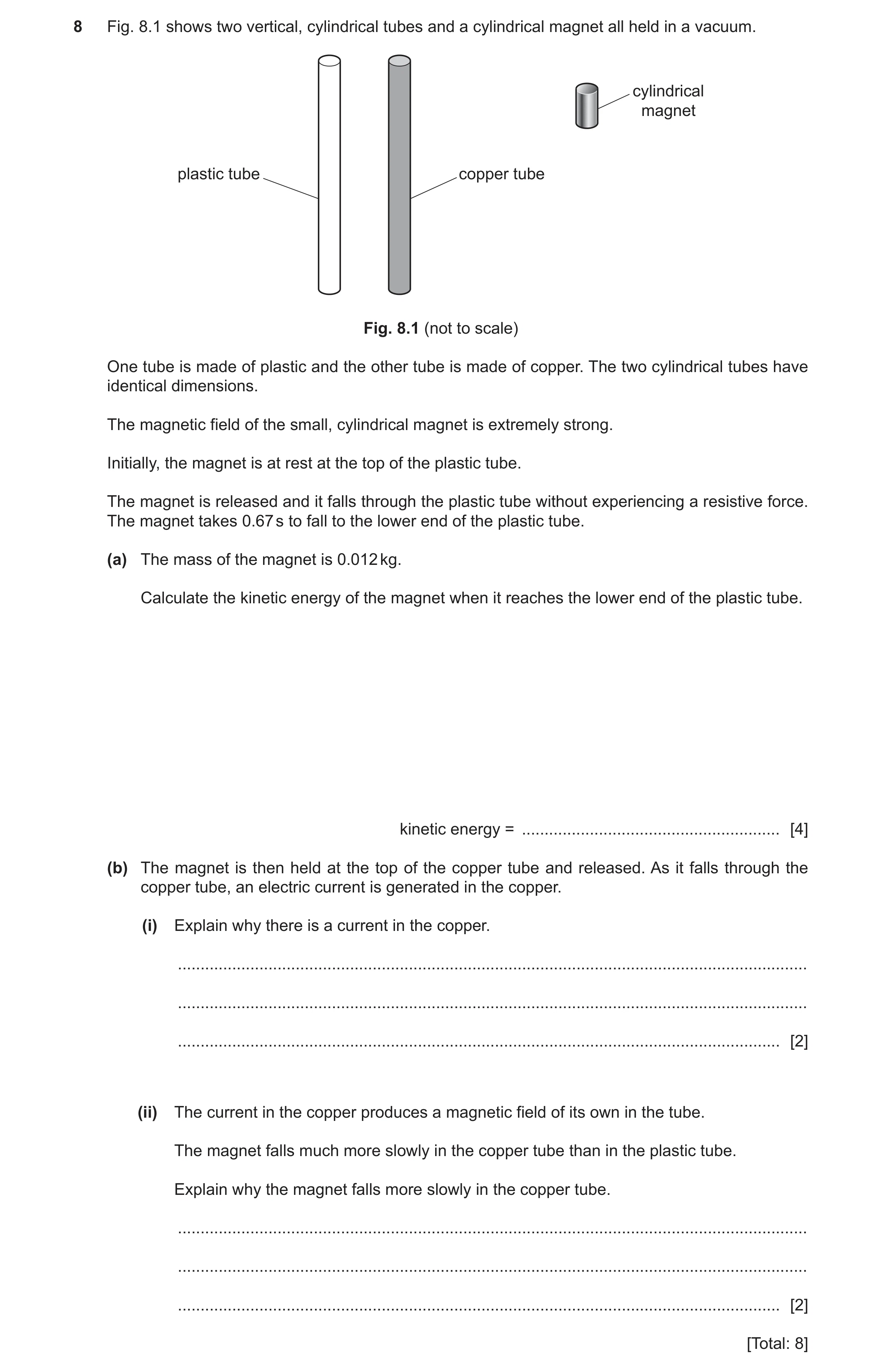 Question 30: Fig. 8.1 shows two vertical, cylindrical tubes and a cylindrical magnet all held in a vacuum. cylindrical magnet plastic tube copper tube F…