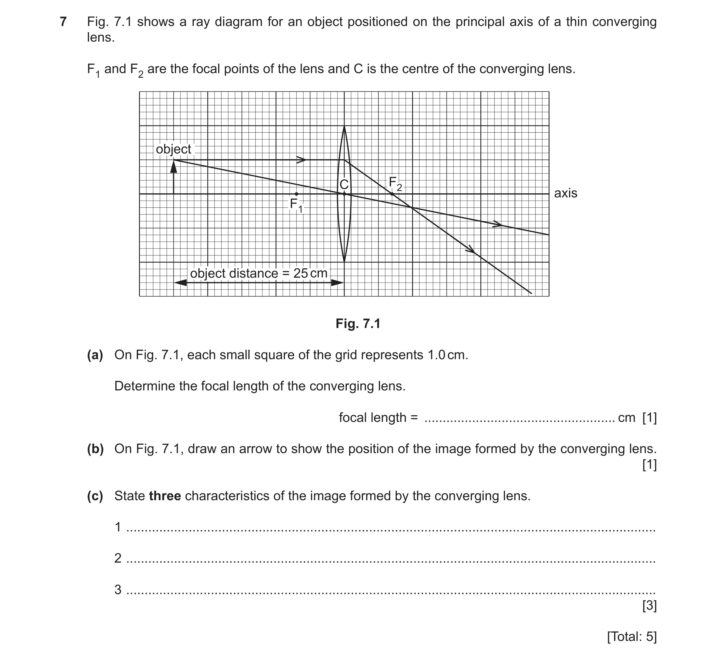 Question 41: Fig. 7.1 shows a ray diagram for an object positioned on the principal axis of a thin converging lens. F1 and F2 are the focal points of th…