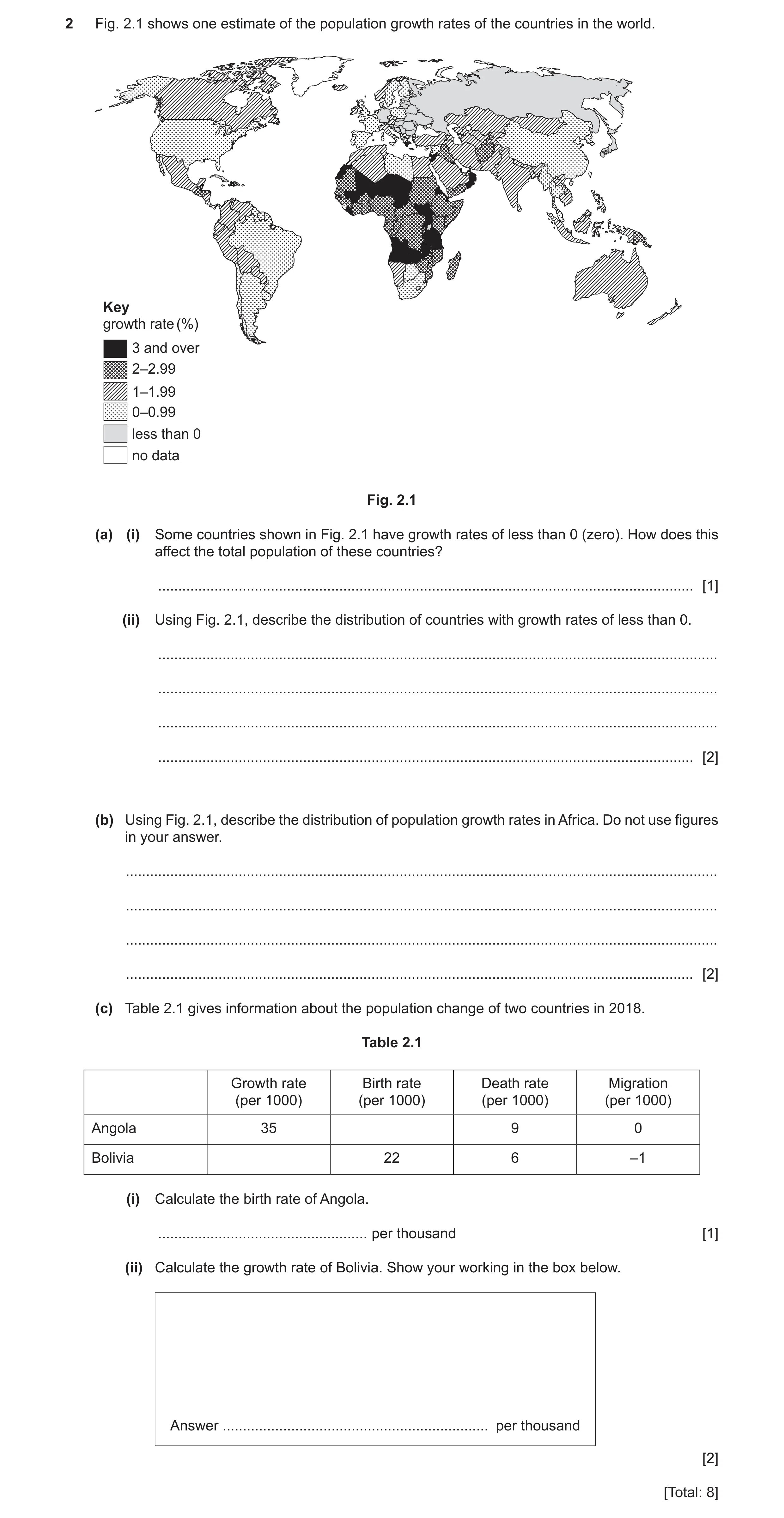Question 12: Fig. 2.1 shows one estimate of the population growth rates of the countries in the world. Key growth rate (%) 3 and over 2–2.99 1–1.99 0–0.…