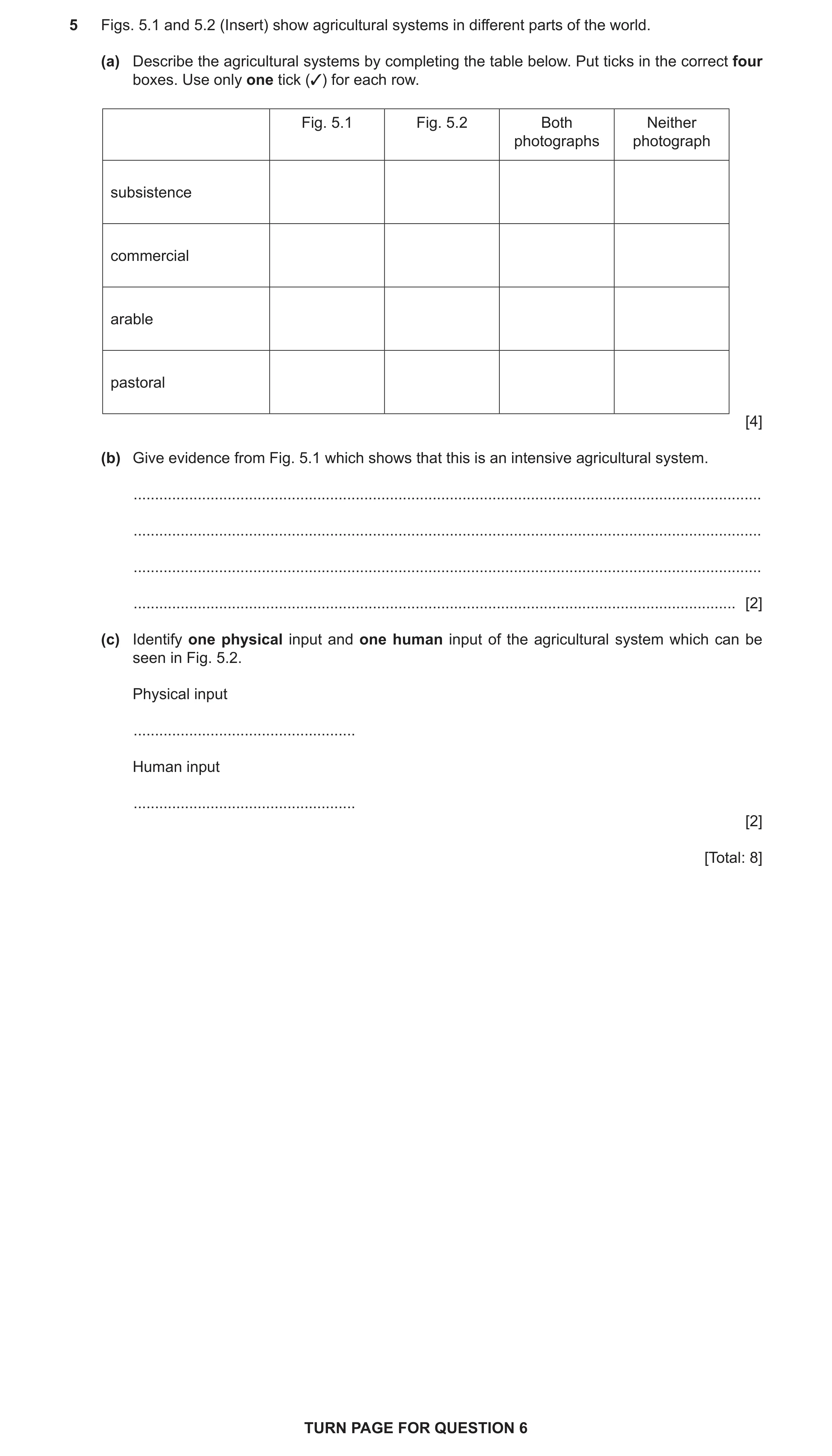 Question 14: Figs. 5.1 and 5.2 (Insert) show agricultural systems in different parts of the world. (a) Describe the agricultural systems by completing t…