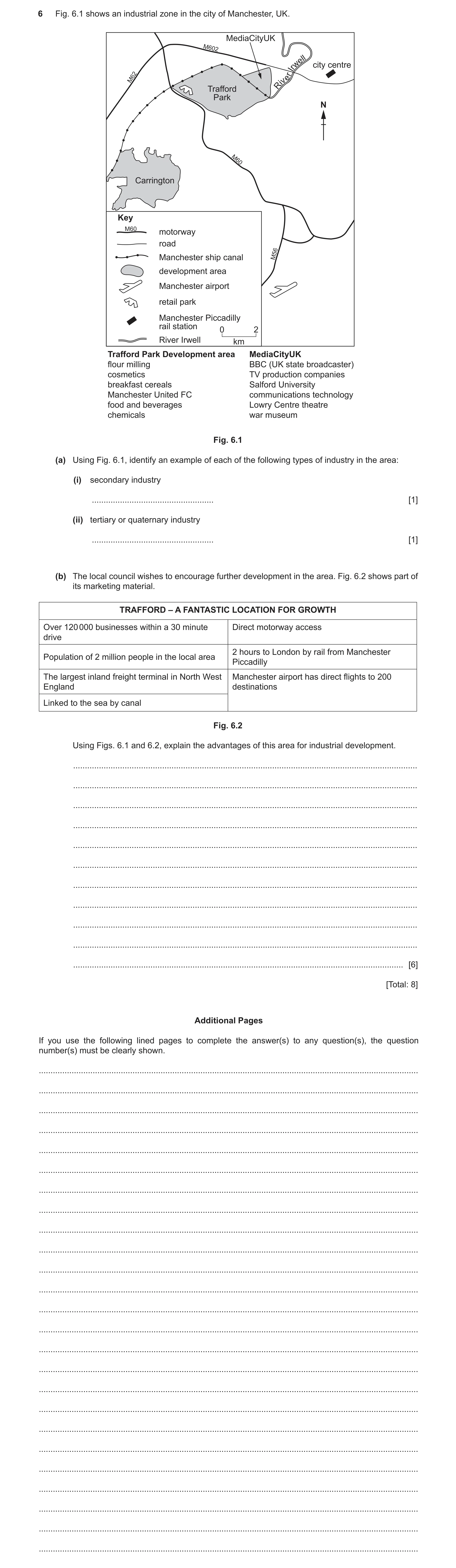 Question 10: Fig. 6.1 shows an industrial zone in the city of Manchester, UK. MediaCityUK M602 ell w city centre Ir er M62 iv R Trafford Park N M60 Carr…