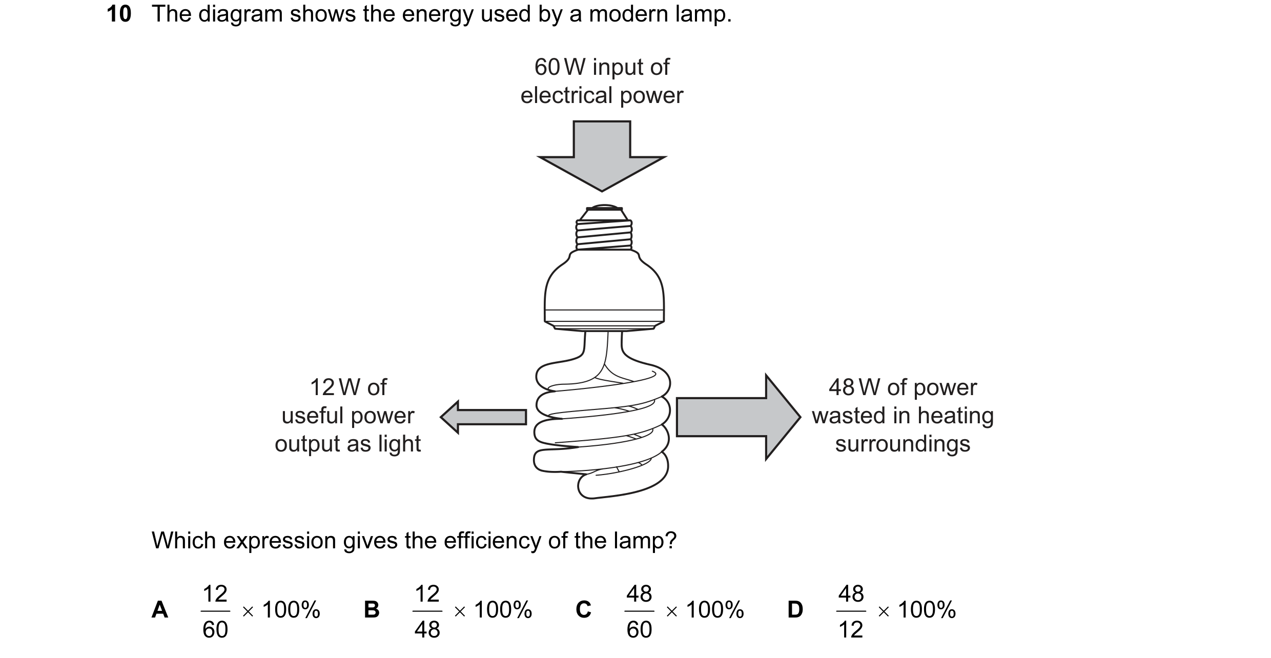 Question 10: The diagram shows the energy used by a modern lamp. 60 W input of electrical power 12 W of 48 W of power useful power wasted in heating out…