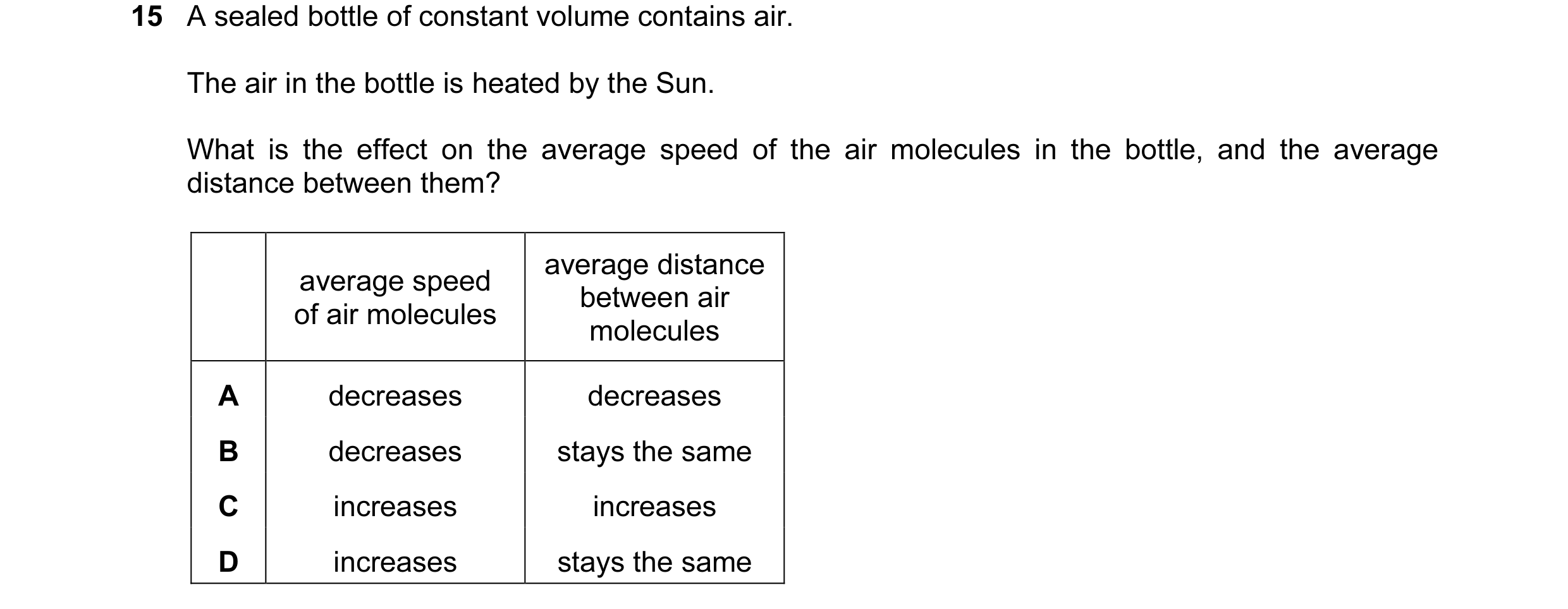 Question 17: A sealed bottle of constant volume contains air. The air in the bottle is heated by the Sun. What is the effect on the average speed of the…