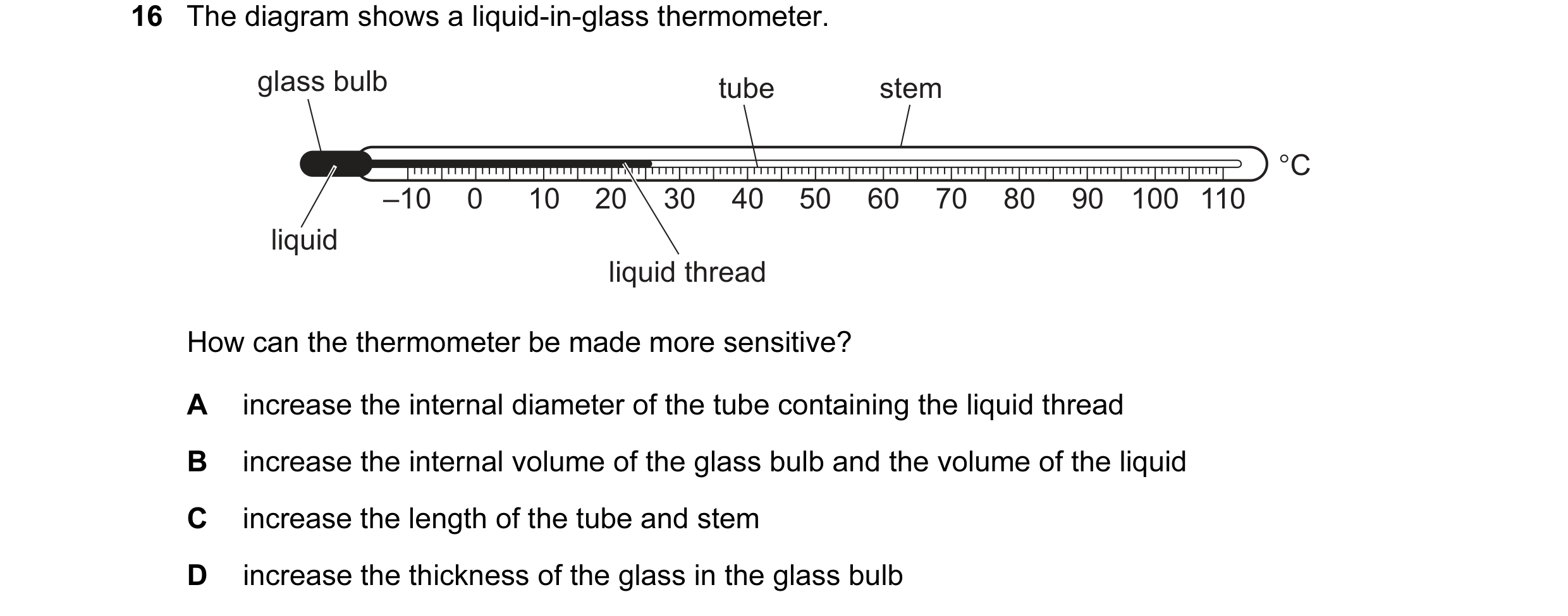 Question 9: The diagram shows a liquid-in-glass thermometer. glass bulb tube stem °C –10 0 10 20 30 40 50 60 70 80 90 100 110 liquid liquid thread How …