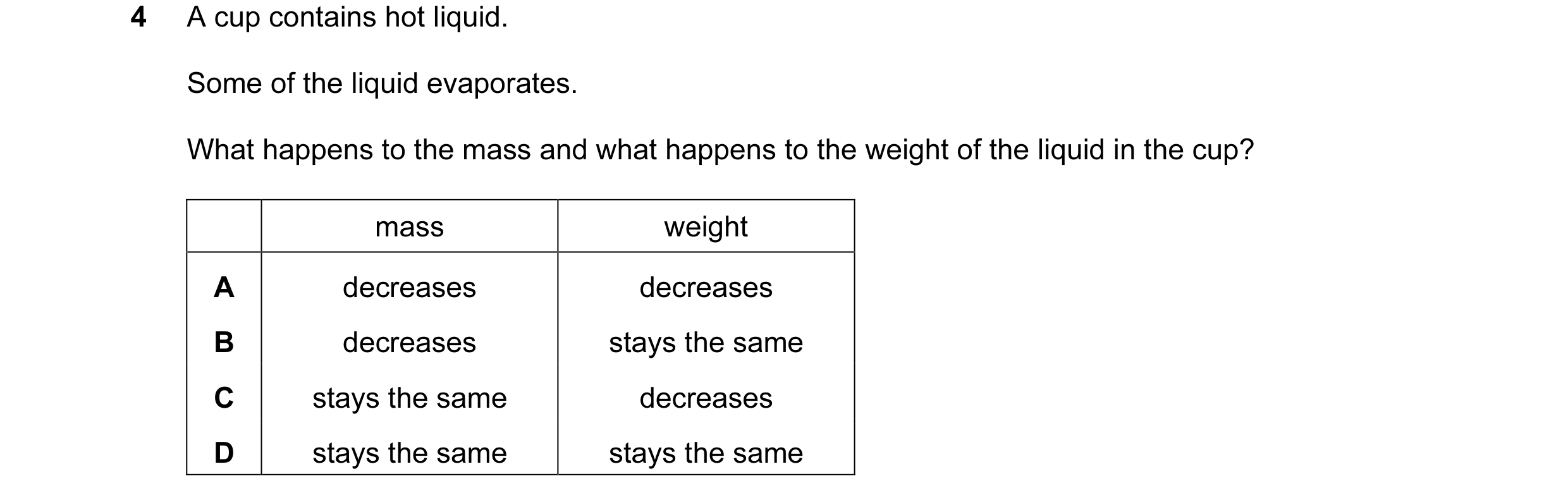 Question 4: A cup contains hot liquid. Some of the liquid evaporates. What happens to the mass and what happens to the weight of the liquid in the cup?…