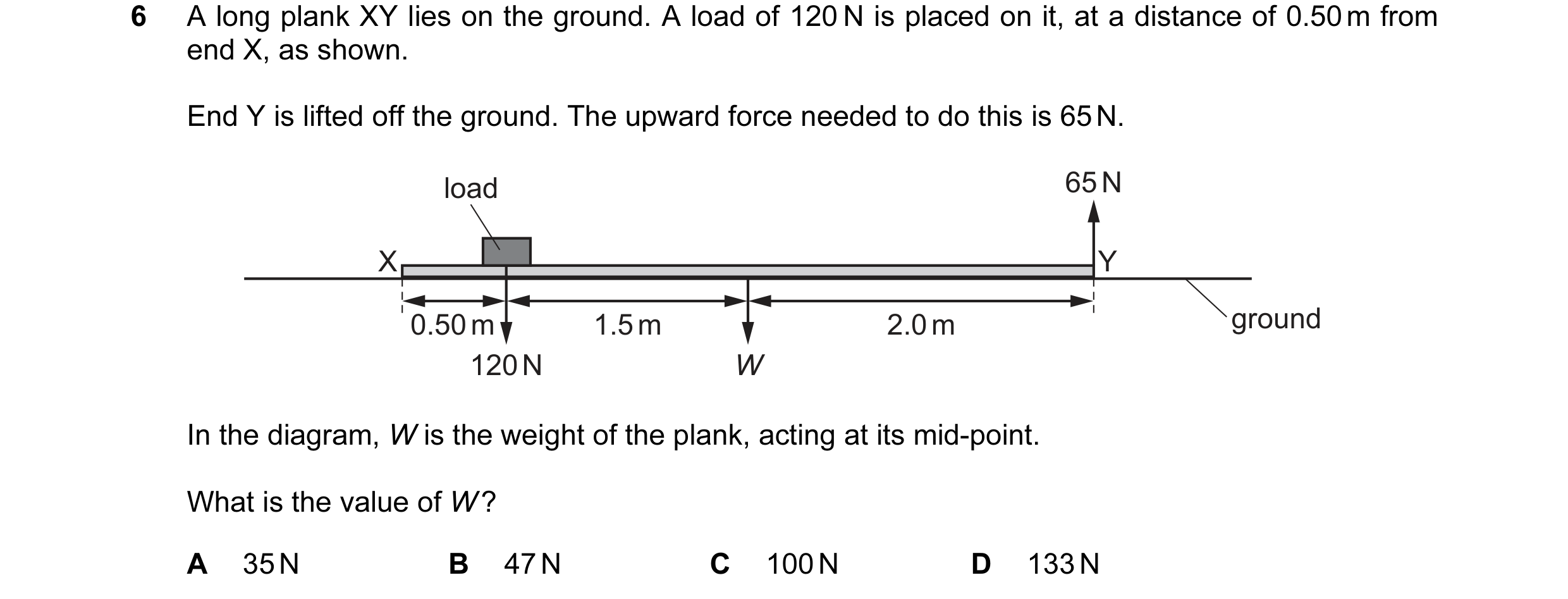 Question 12: A long plank XY lies on the ground. A load of 120 N is placed on it, at a distance of 0.50 m from end X, as shown. End Y is lifted off the …
