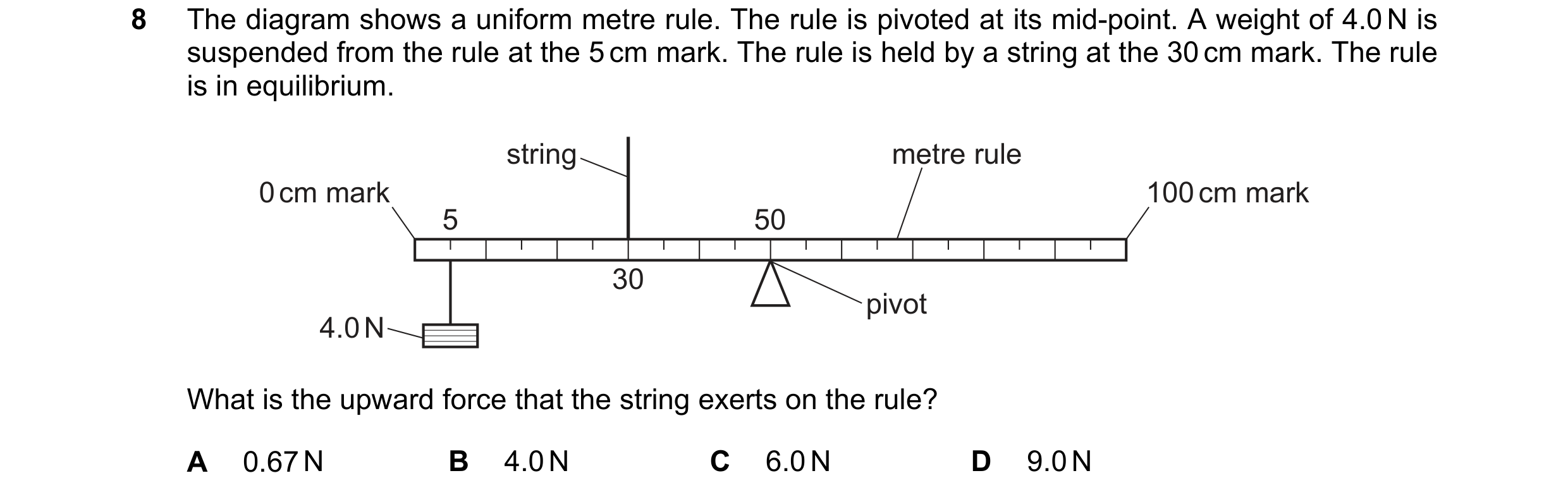 Question 271: The diagram shows a uniform metre rule. The rule is pivoted at its mid-point. A weight of 4.0 N is suspended from the rule at the 5 cm mark…