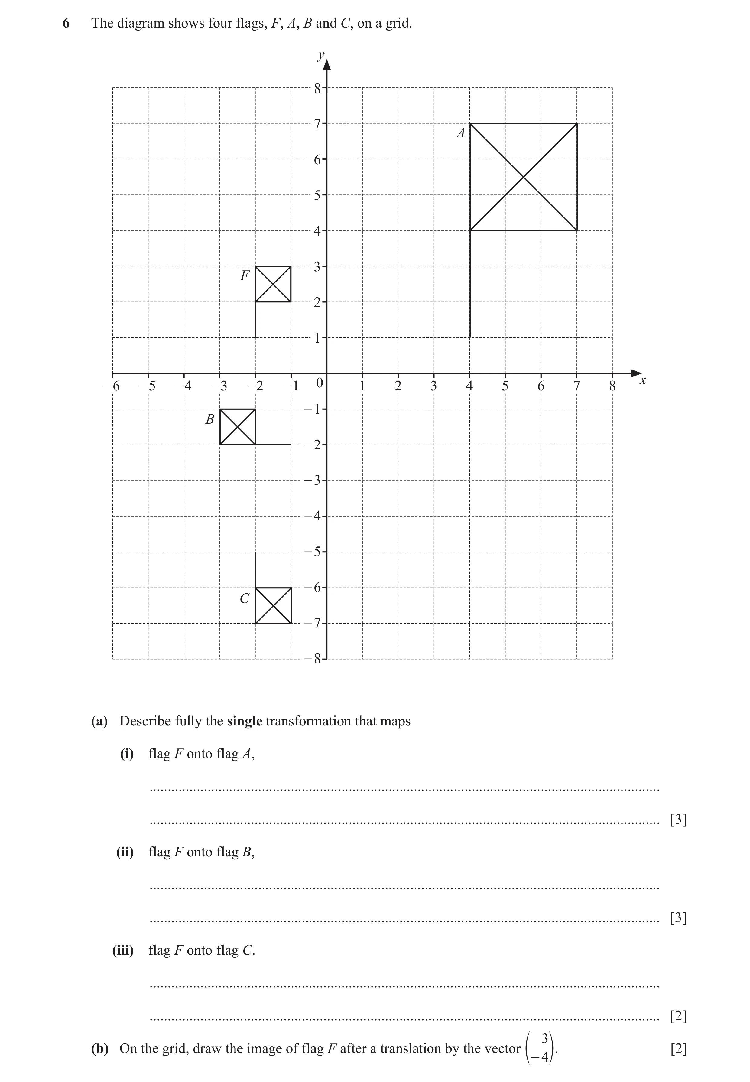 Question 75: The diagram shows four flags, F, A, B and C, on a grid. y 8 7 A 6 5 4 3 F 2 1 – 6 – 5 – 4 – 3 – 2 – 1 0 1 2 3 4 5 6 7 8 x – 1 B – 2 – 3 – 4…