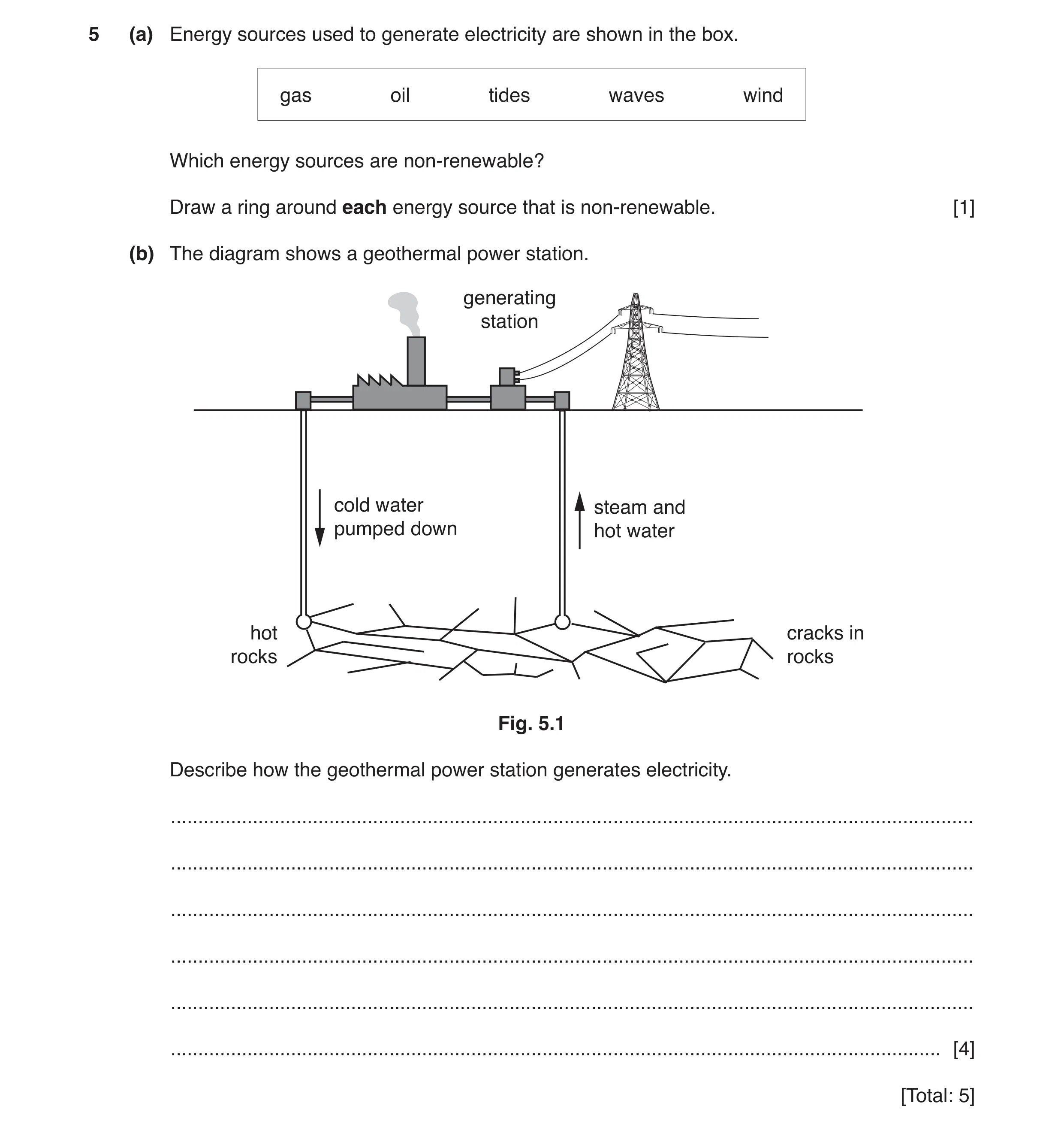 Question 89: (a) Energy sources used to generate electricity are shown in the box. gas oil tides waves wind Which energy sources are non-renewable? Draw…