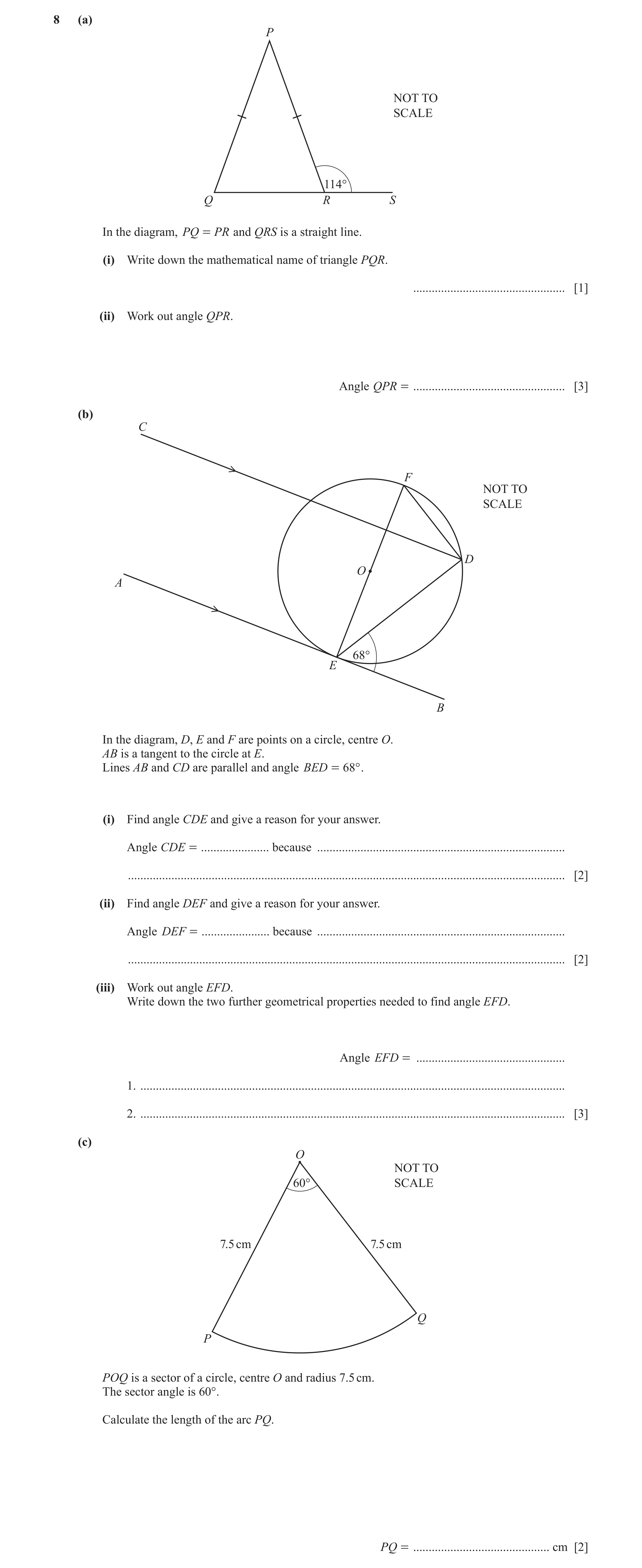 Question 83: (a) P NOT TO SCALE 114° Q R S In the diagram, PQ = PR and QRS is a straight line. (i) Write down the mathematical name of triangle PQR. ...…