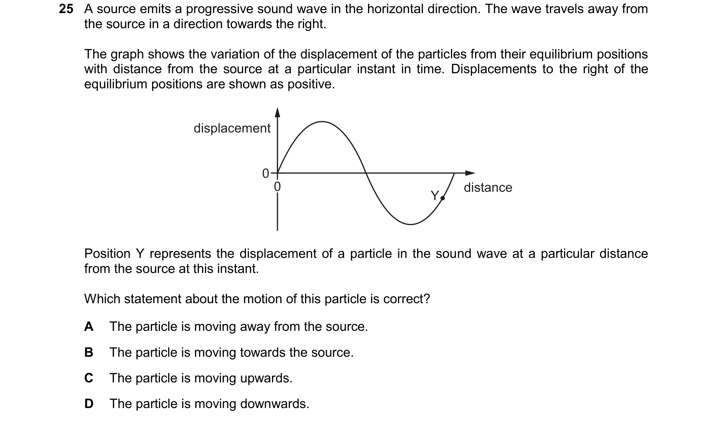 Question 182: A source emits a progressive sound wave in the horizontal direction. The wave travels away from the source in a direction towards the right…