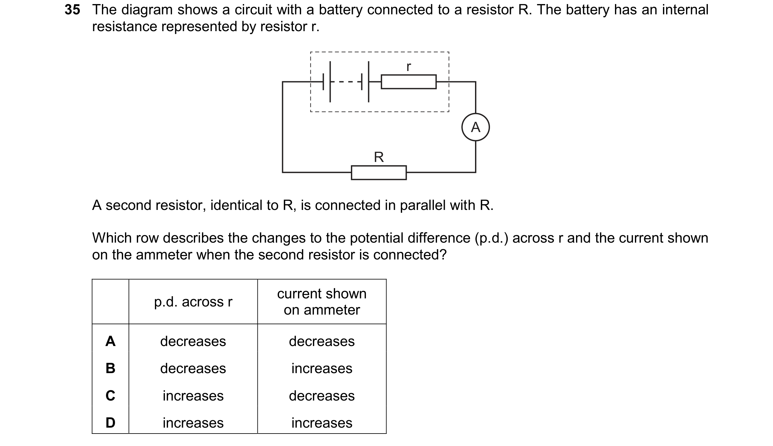 Question 230: The diagram shows a circuit with a battery connected to a resistor R. The battery has an internal resistance represented by resistor r. r A…