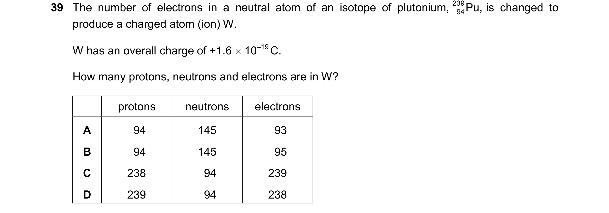Question 136: The number of electrons in a neutral atom of an isotope of plutonium, 239 Pu, is changed to 94 produce a charged atom (ion) W. W has an ove…