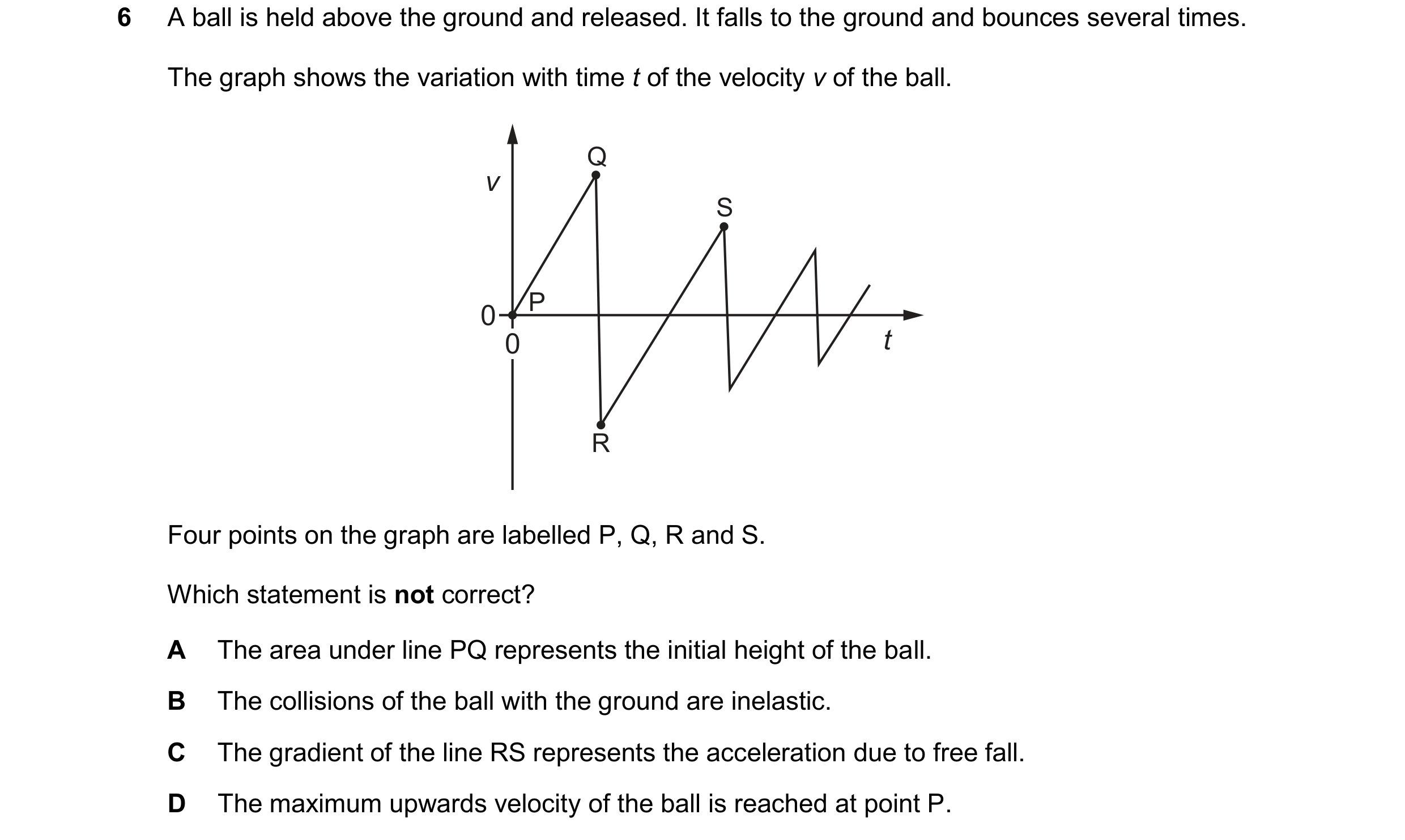 Question 245: A ball is held above the ground and released. It falls to the ground and bounces several times. The graph shows the variation with time t o…