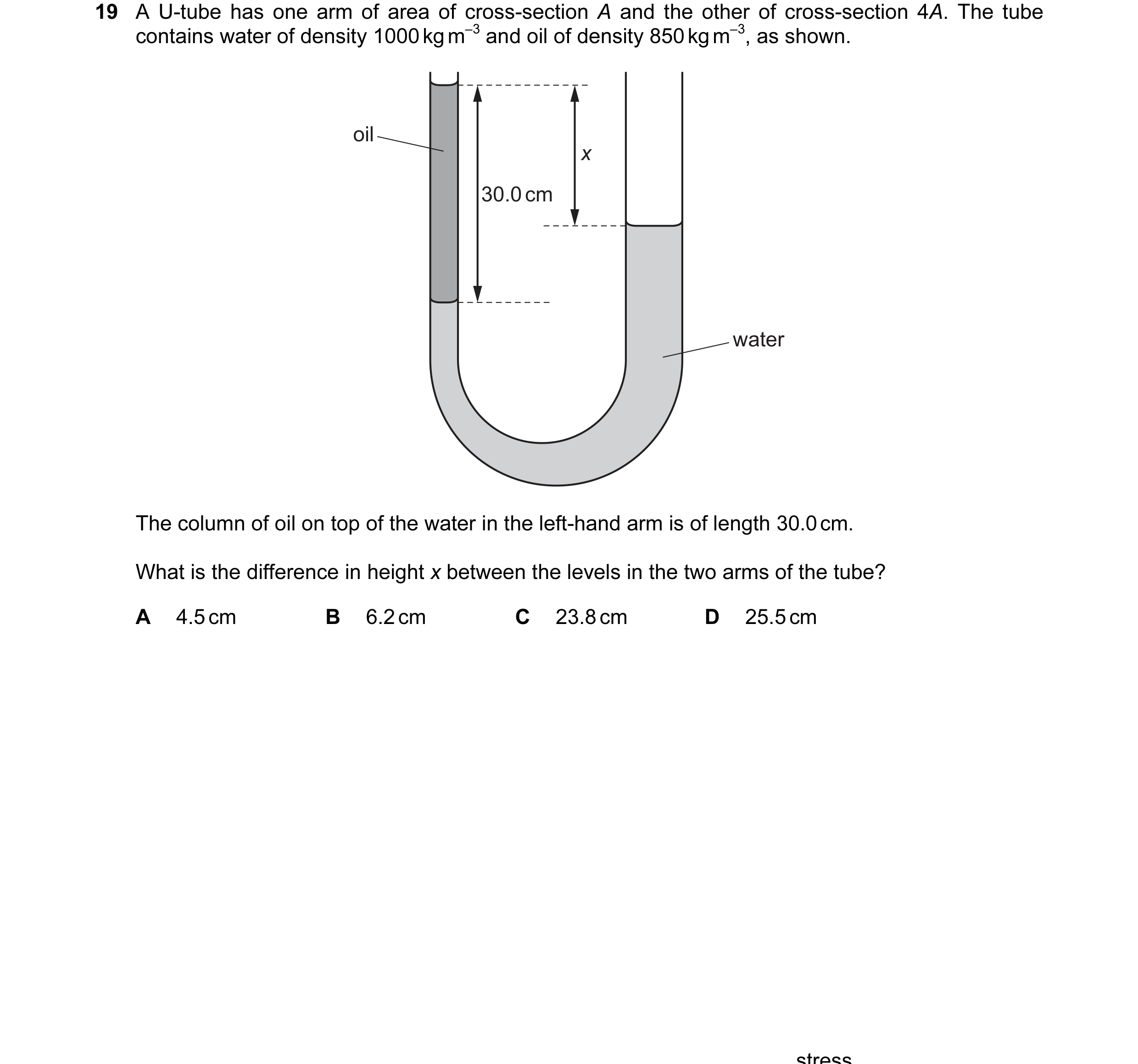 Question 67: A U-tube has one arm of area of cross-section A and the other of cross-section 4A. The tube contains water of density 1000 kg m–3 and oil o…