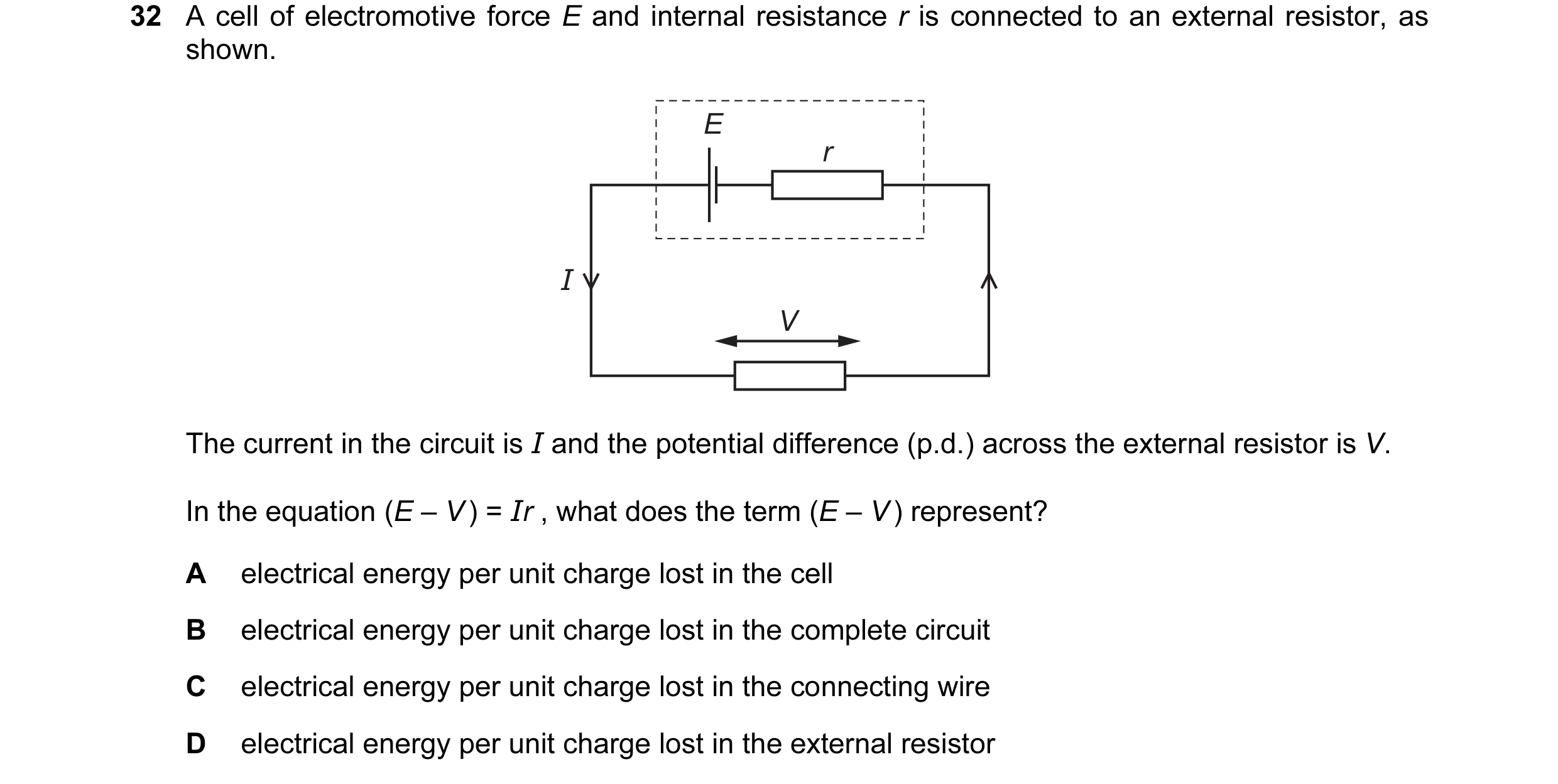 Question 100: A cell of electromotive force E and internal resistance r is connected to an external resistor, as shown. E r I V The current in the circui…
