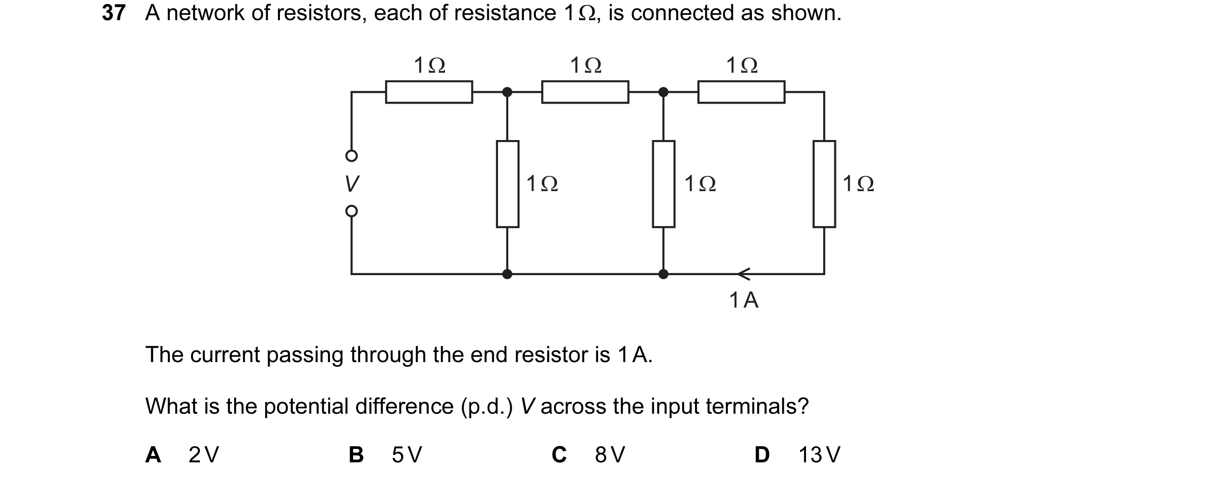 Question 22: A network of resistors, each of resistance 1 Ω, is connected as shown. 1 Ω 1 Ω 1 Ω V 1 Ω 1 Ω 1 Ω 1 A The current passing through the end re…