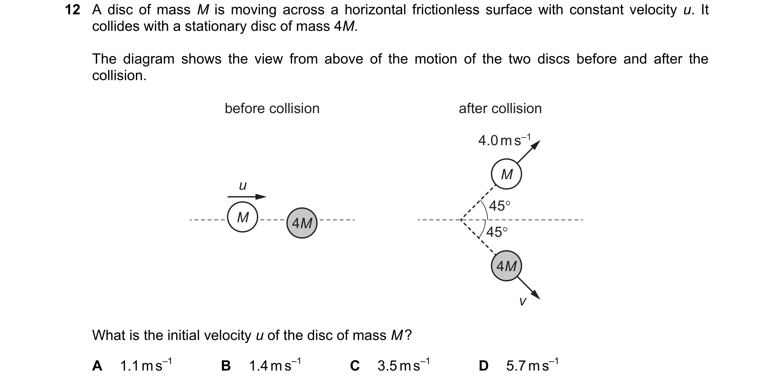 Question 190: A disc of mass M is moving across a horizontal frictionless surface with constant velocity u. It

collides with a stationary disc of mass 4…