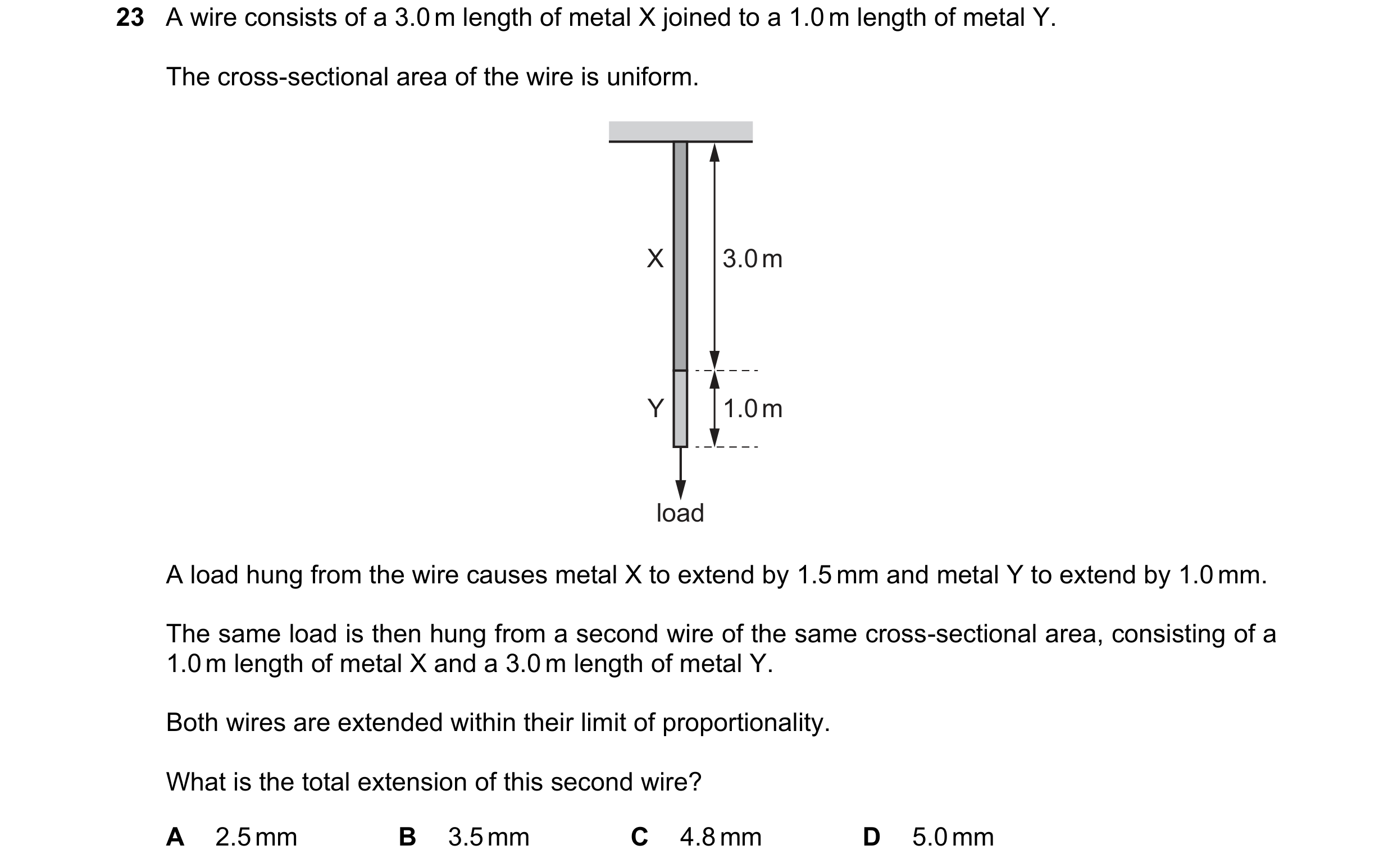 Question 122: A wire consists of a 3.0 m length of metal X joined to a 1.0 m length of metal Y. The cross-sectional area of the wire is uniform. X 3.0 m …