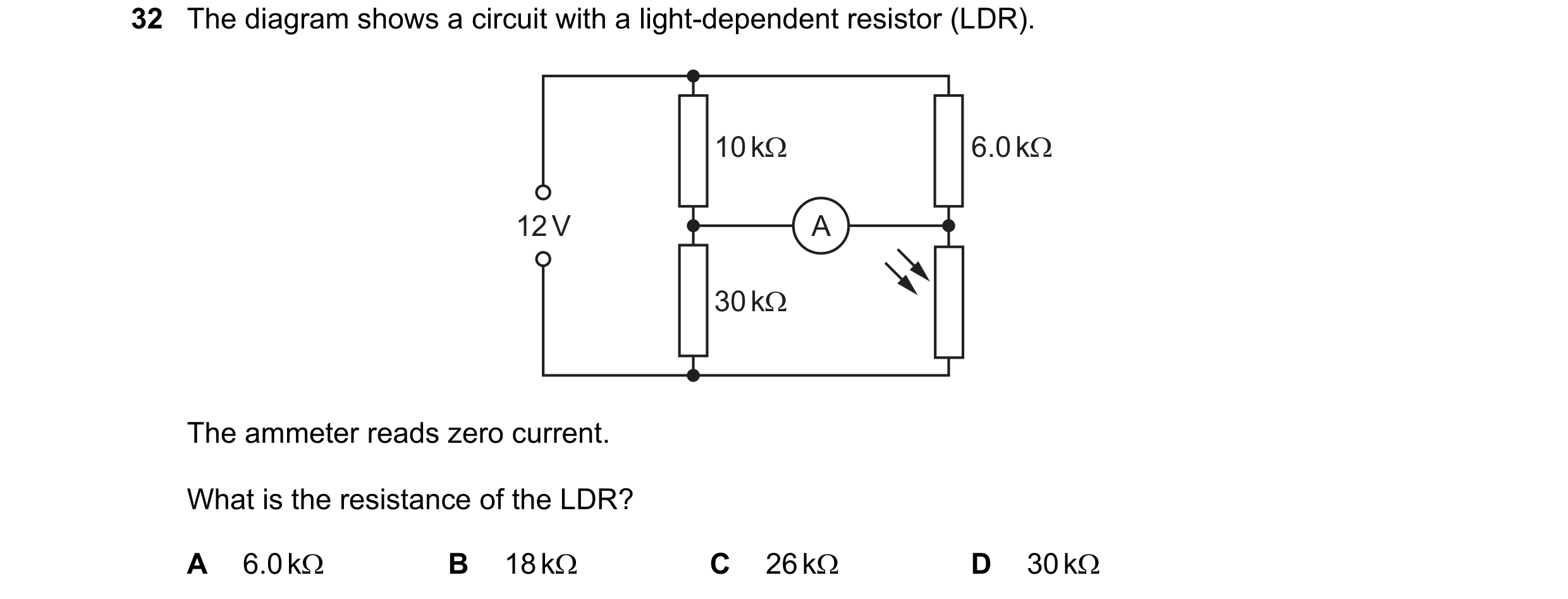 Question 115: The diagram shows a circuit with a light-dependent resistor (LDR).
6.0kQ
The ammeter reads zero current.
What is the resistance of the L…