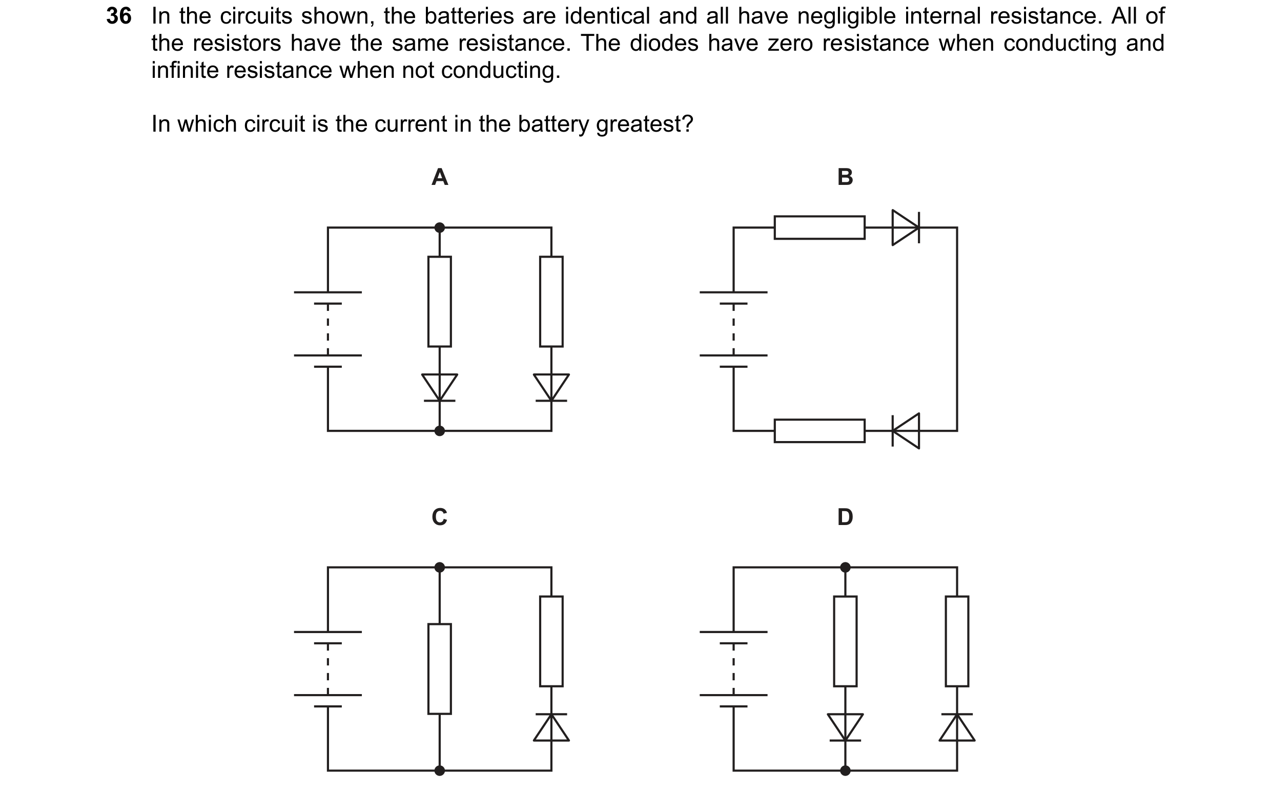Question 212: In the circuits shown, the batteries are identical and all have negligible internal resistance. All of the resistors have the same resistan…