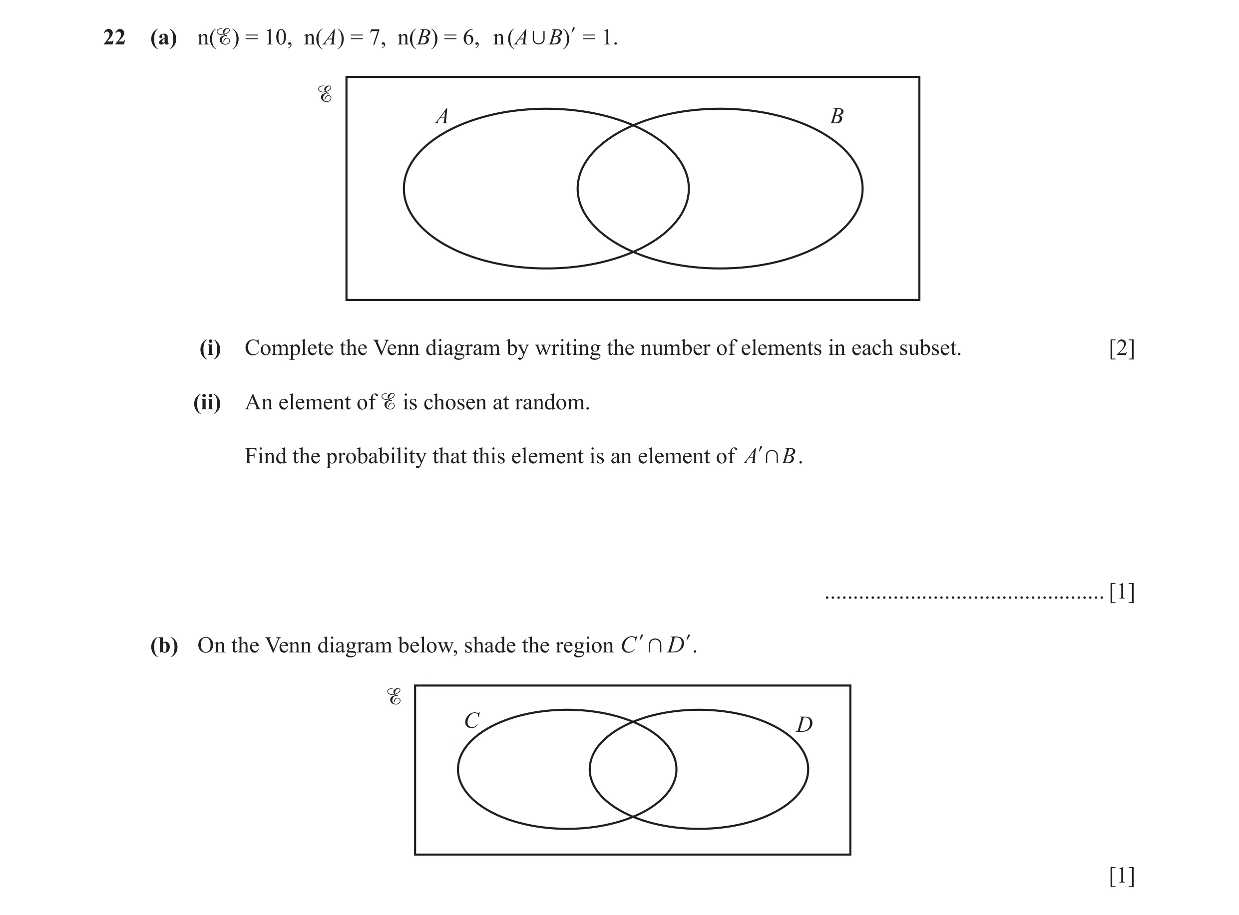 Question 23: (a) n() = 10, n(A) = 7, n(B) = 6, n ( A , B) l = 1. A B (i) Complete the Venn diagram by writing the number of elements in each subset. [2…