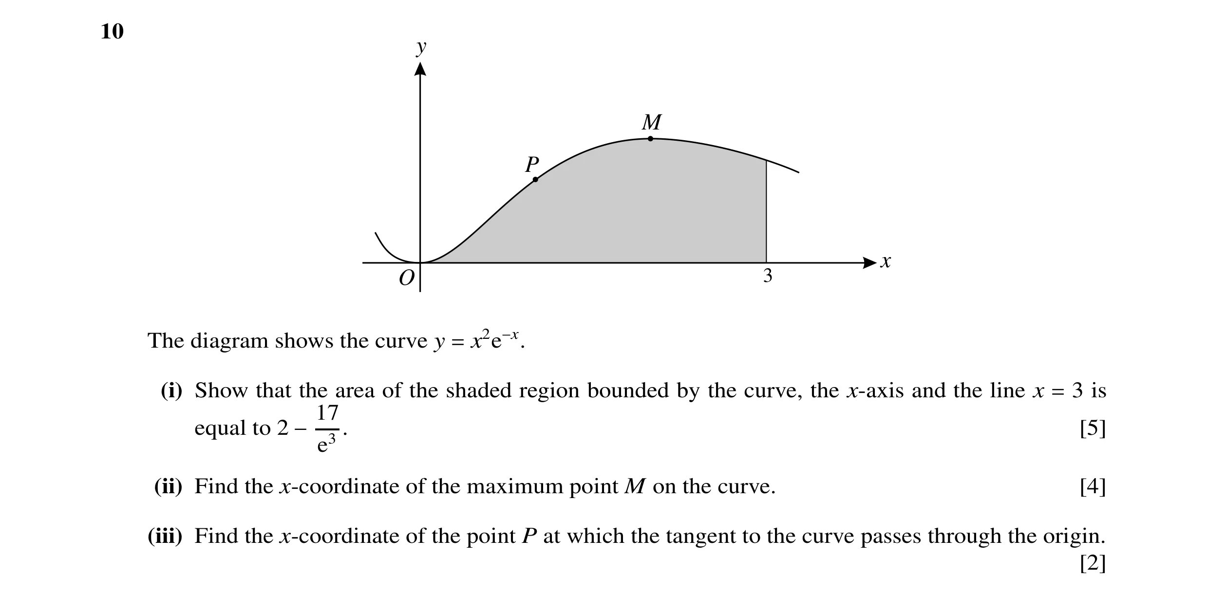 Question 7: y M P x O 3 The diagram shows the curve y = x2e−x. (i) Show that the area of the shaded region bounded by the curve, the x-axis and the lin…