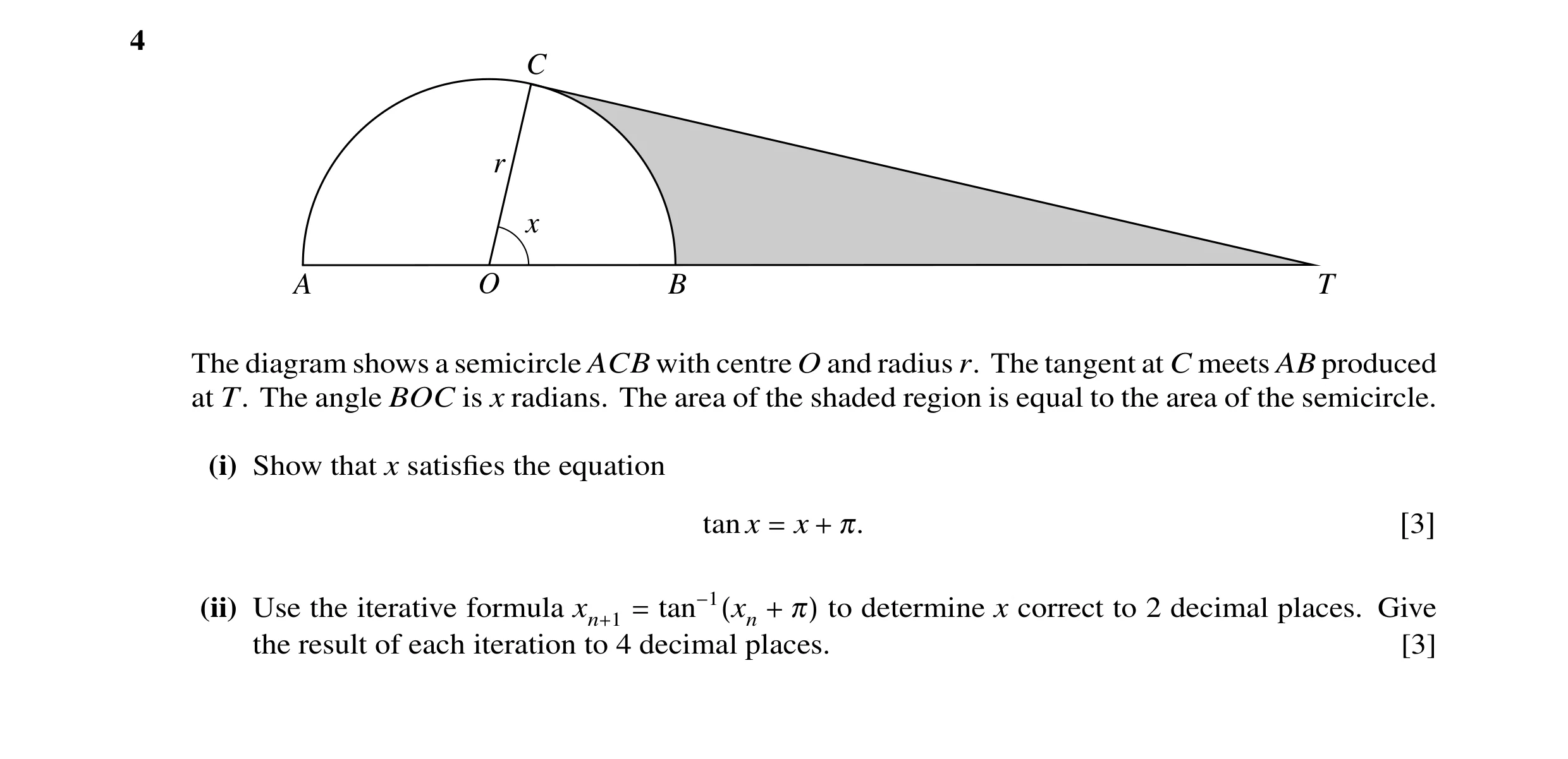Question 23: C r x A O B T The diagram shows a semicircle ACB with centre O and radius r. The tangent at C meets AB produced at T. The angle BOC is x ra…