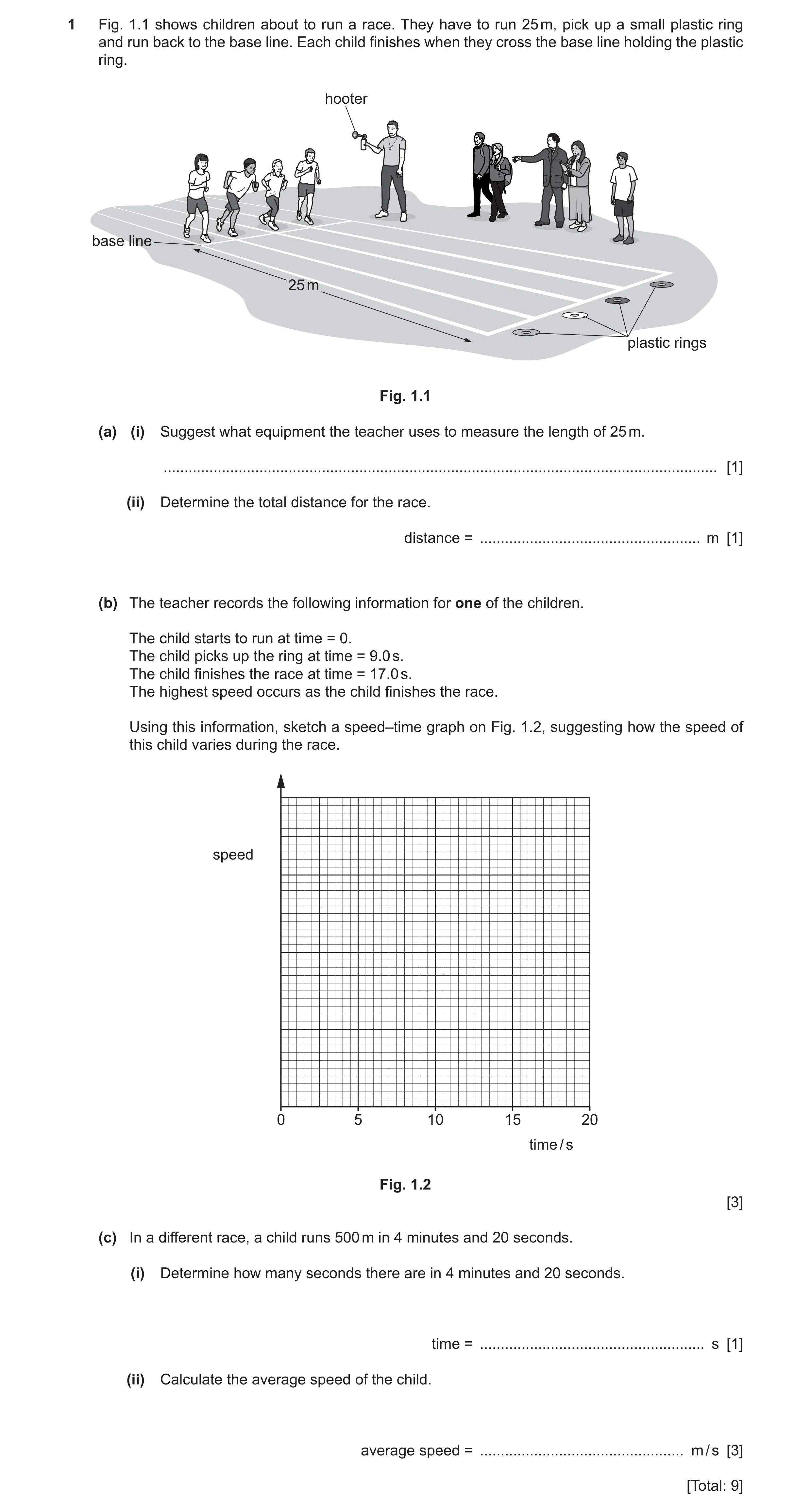 Question 44: Fig. 1.1 shows children about to run a race. They have to run 25 m, pick up a small plastic ring and run back to the base line. Each child …