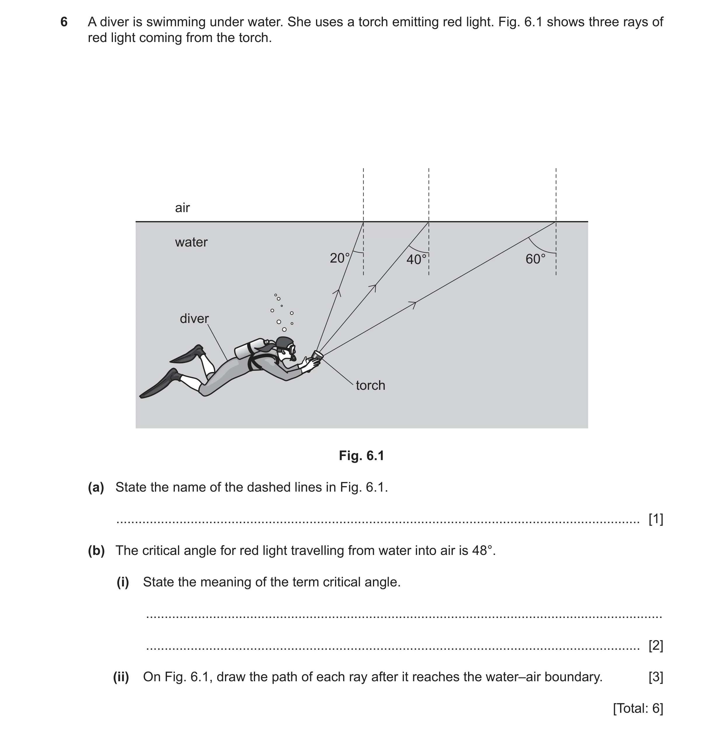 Question 33: A diver is swimming under water. She uses a torch emitting red light. Fig. 6.1 shows three rays of red light coming from the torch. air wat…
