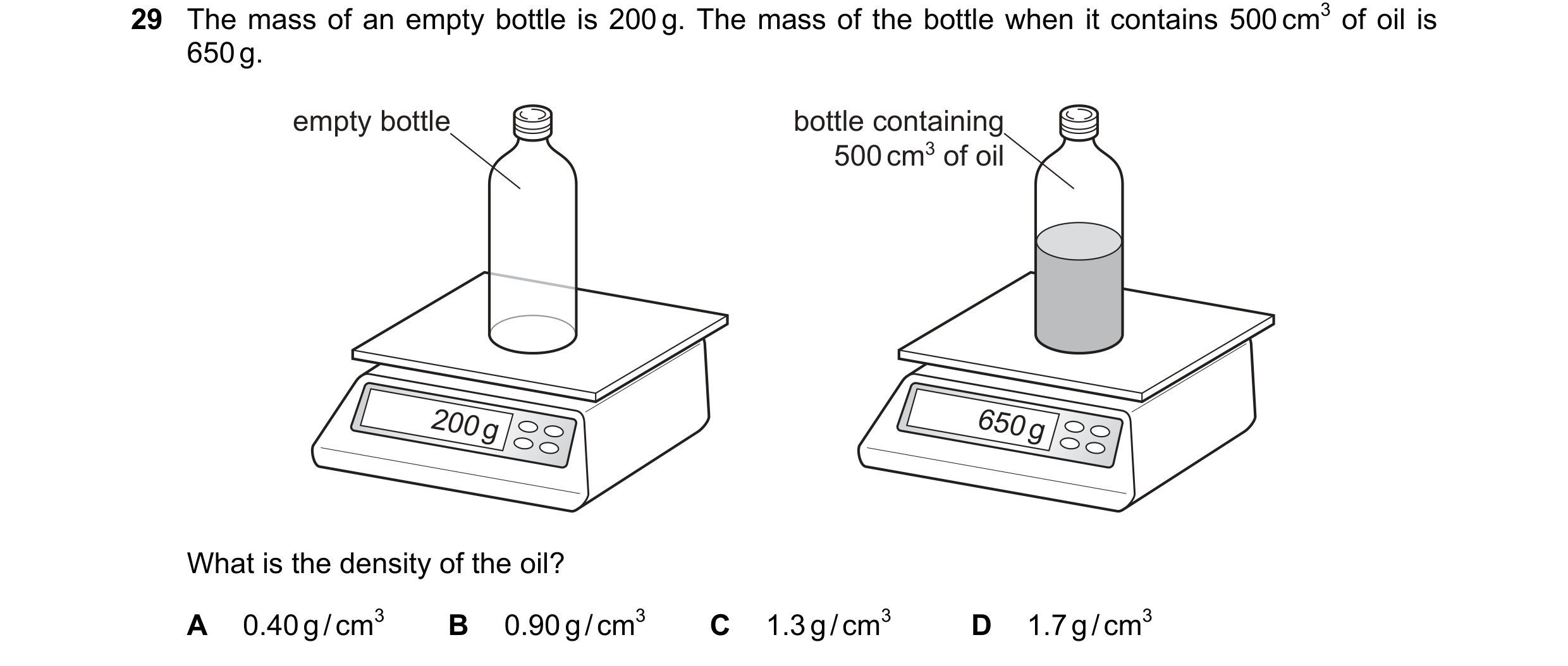 Question 65: The mass of an empty bottle is 200 g. The mass of the bottle when it contains 500 cm3 of oil is 650 g. empty bottle bottle containing 500 c…