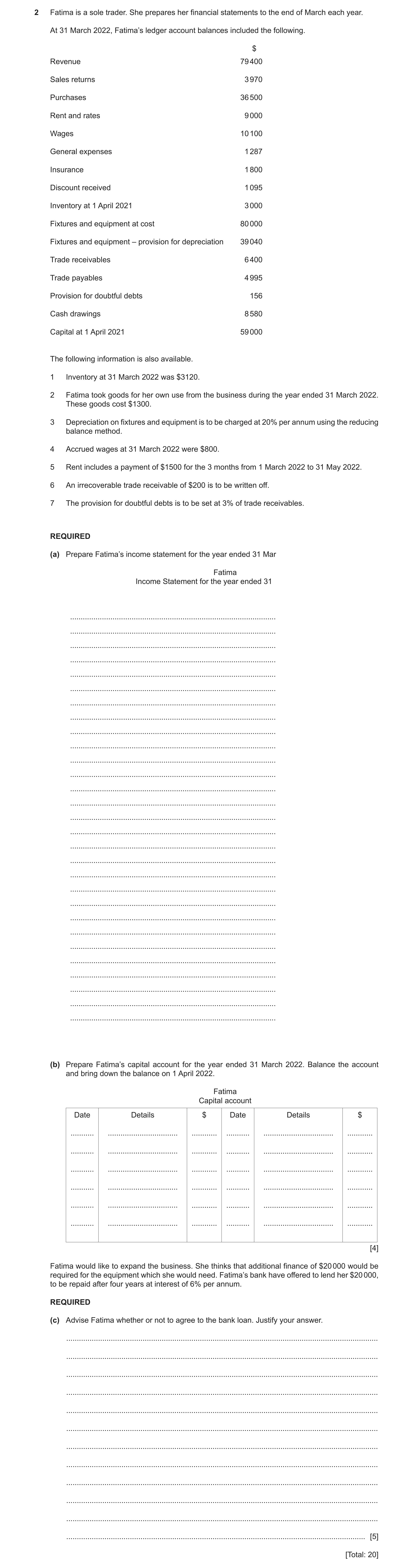 Question 6: Fatima is a sole trader. She prepares her financial statements to the end of March each year. At 31 March 2022, Fatima’s ledger account bal…