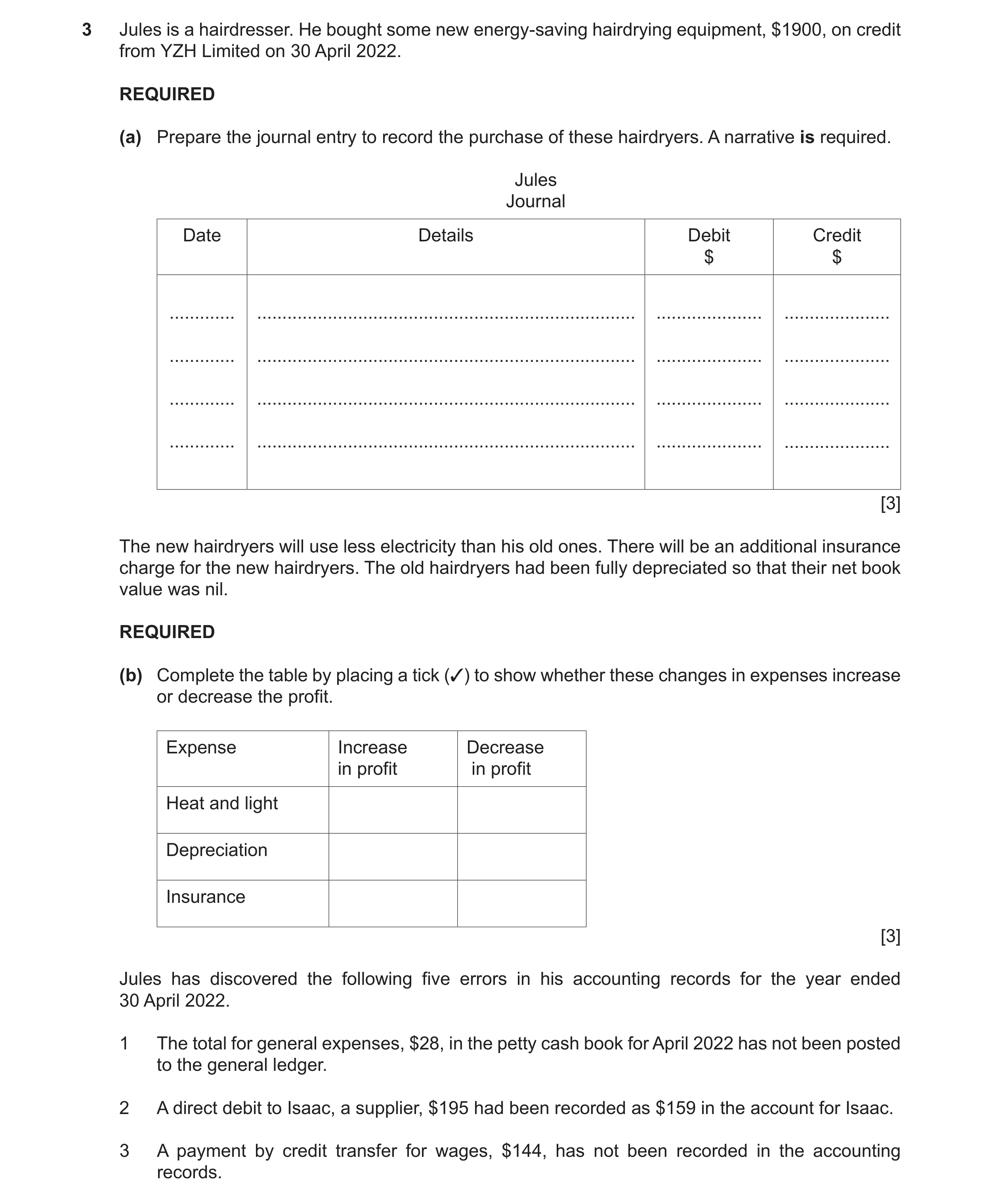 Question 7: Jules is a hairdresser. He bought some new energy-saving hairdrying equipment, $1900, on credit from YZH Limited on 30 April 2022. REQUIRED…