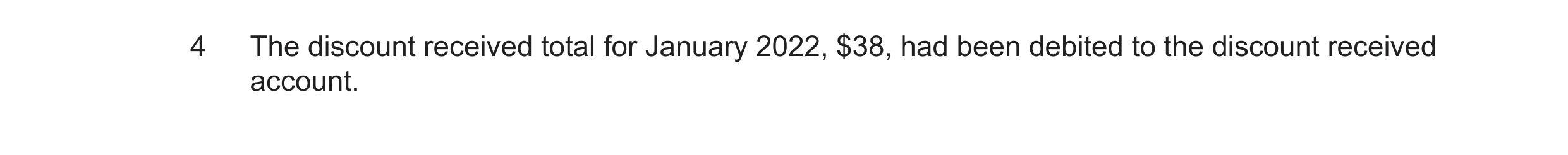 Question 7: The discount received total for January 2022, $38, had been debited to the discount received account.