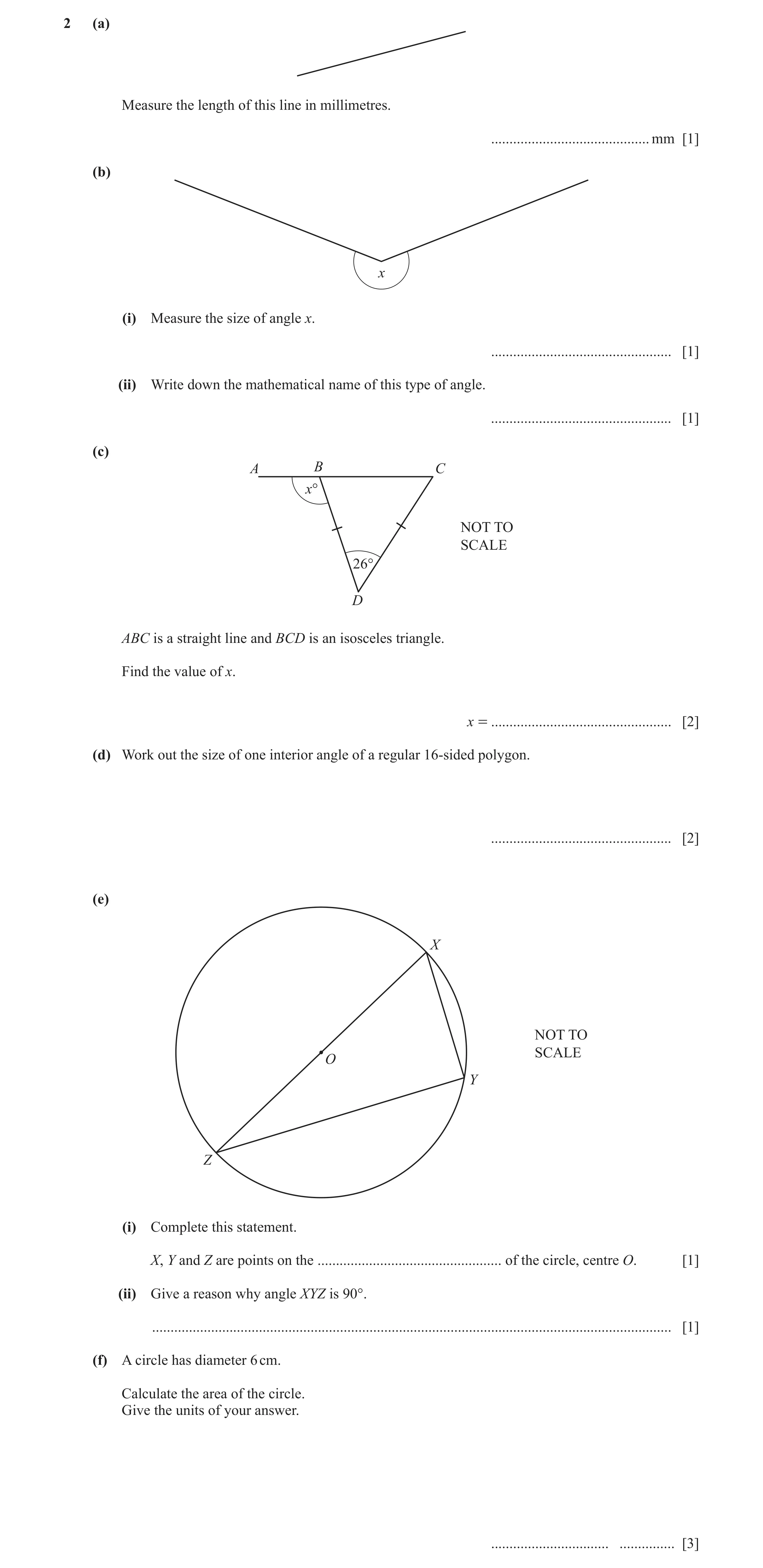 Question 67: (a) Measure the length of this line in millimetres. ........................................... mm [1] (b) x (i) Measure the size of angle …