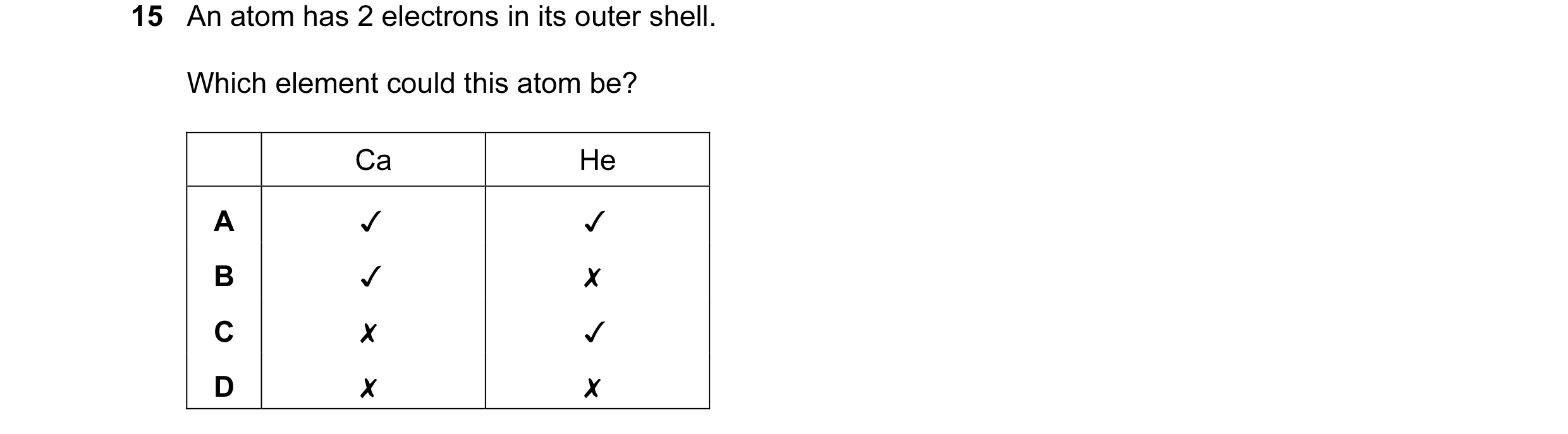 Question 4: Anatom has 2 electrons in its outer shell.
Which element could this atom be?
Ca He
00o DM >
~~ KKM
~*~ K &® OK
