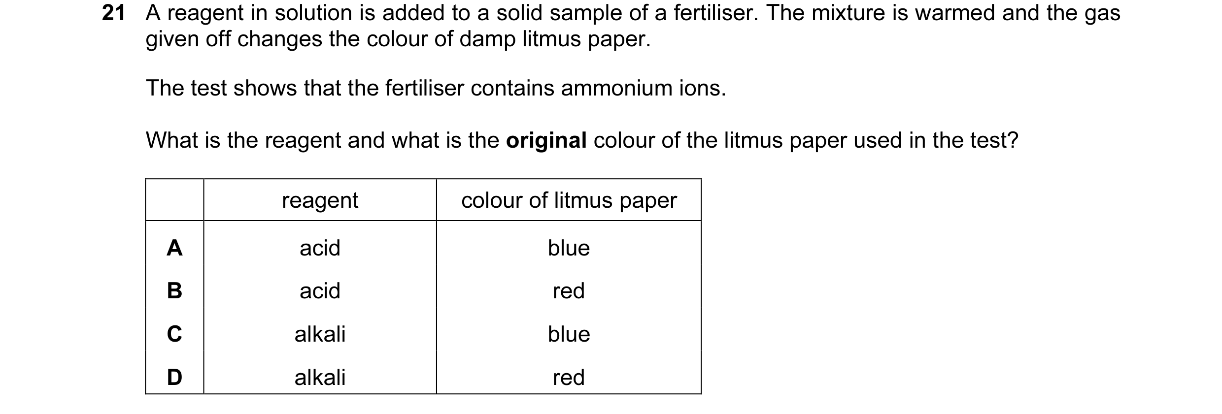 Question 4: A reagent in solution is added to a solid sample of a fertiliser. The mixture is warmed and the gas given off changes the colour of damp li…