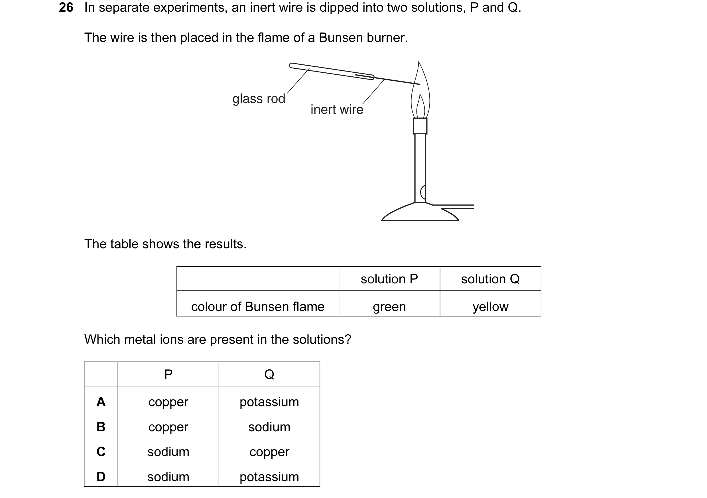 Question 7: In separate experiments, an inert wire is dipped into two solutions, P and Q. The wire is then placed in the flame of a Bunsen burner. glas…